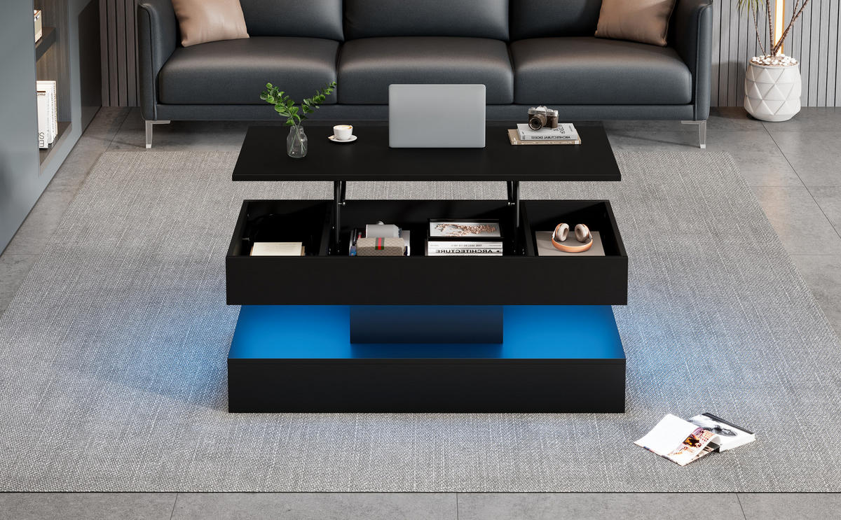 COUCHTISCH höhenverstellbar, Spanplatte schwarz, mit LED-App-Steuerung & Stauraum, 100/50/42 cm,schwarz - Schwarz, Holzwerkstoff (50/100/42cm) - Redom