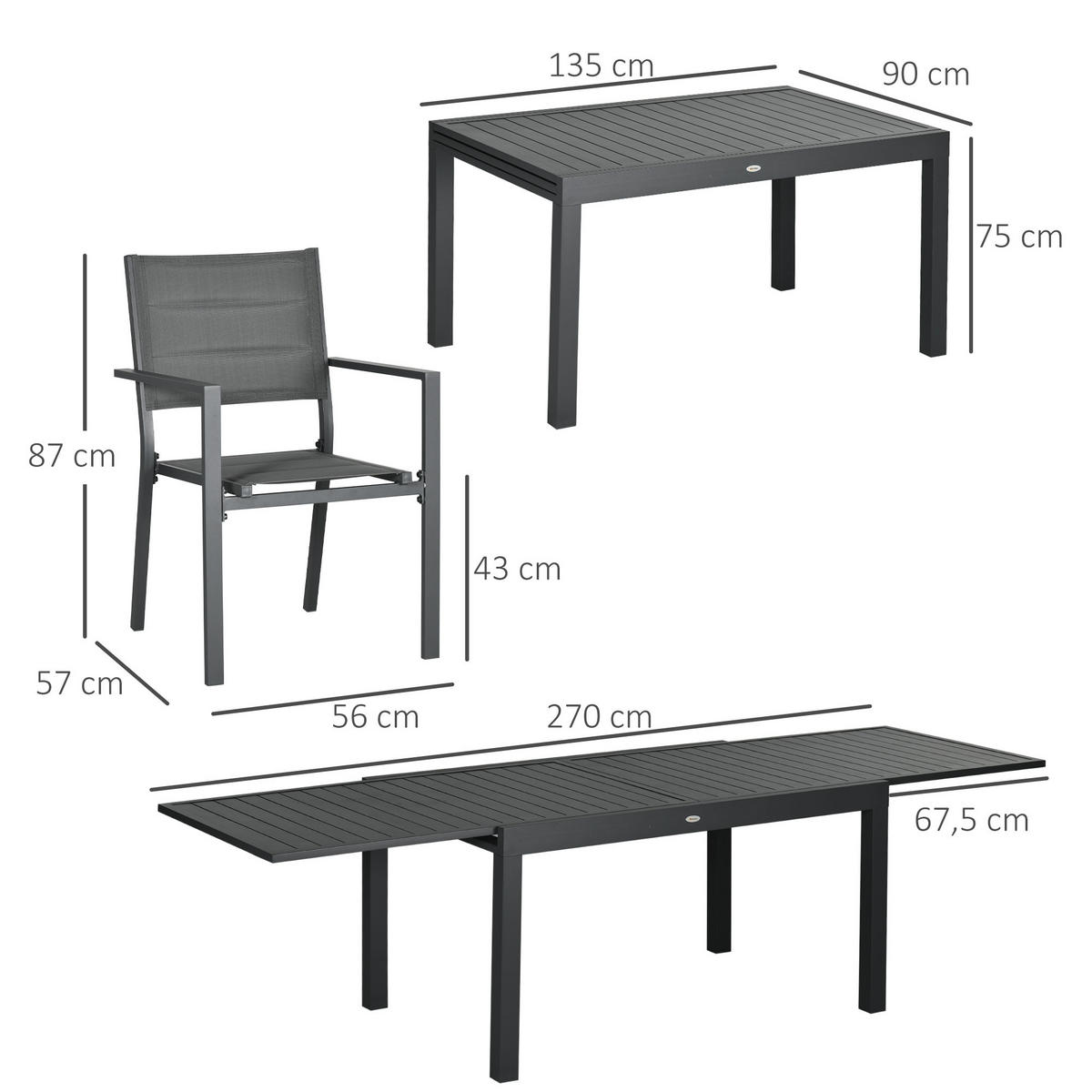 GARTENTISCHGRUPPE DE-18087 ausziehbar 135-270 cm, Aluminium/Textilene Grau - Grau, Metall - ComfortXL
