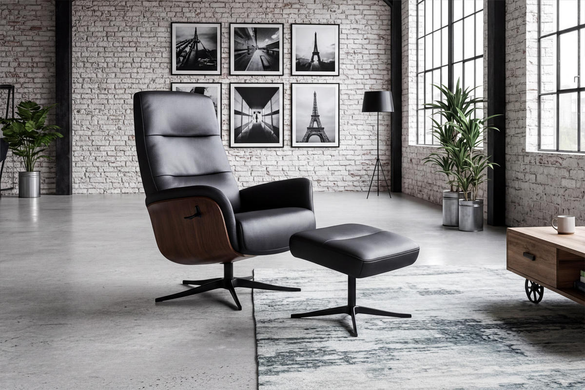 RELAXSESSEL SILVA Schwarz Leder Relaxfunktion - Schwarz, Leder/Metall (78/109/85cm) - KAWOLA