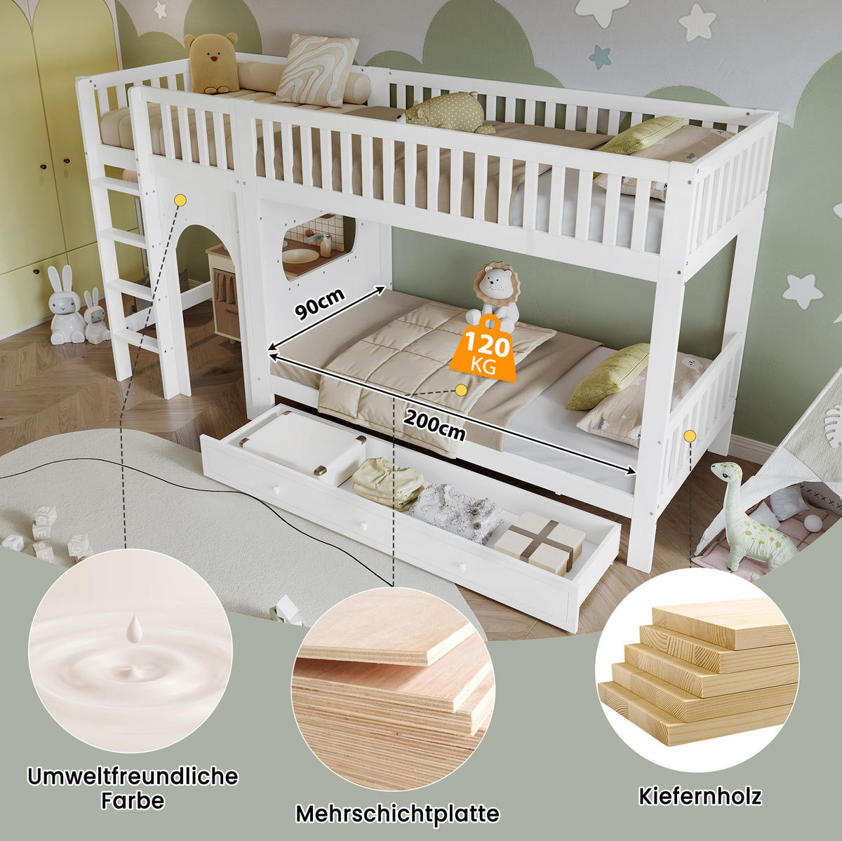 ETAGENBETT 90/200 cm aus Massivholz und MDF mit 4-stufiger Leiter und Rundum-Absturzschutz, Weiß/Natur - Weiß, Holz (90/200cm) - Redom