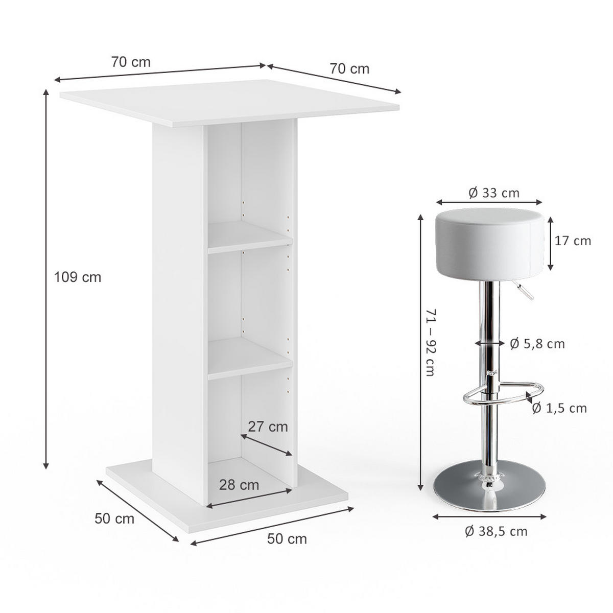 BARTISCH-SET Rodeo Weiß 70 x 70 cm mit 2 Barhockern - Weiß, Holzwerkstoff (70/109/70cm) - Vicco