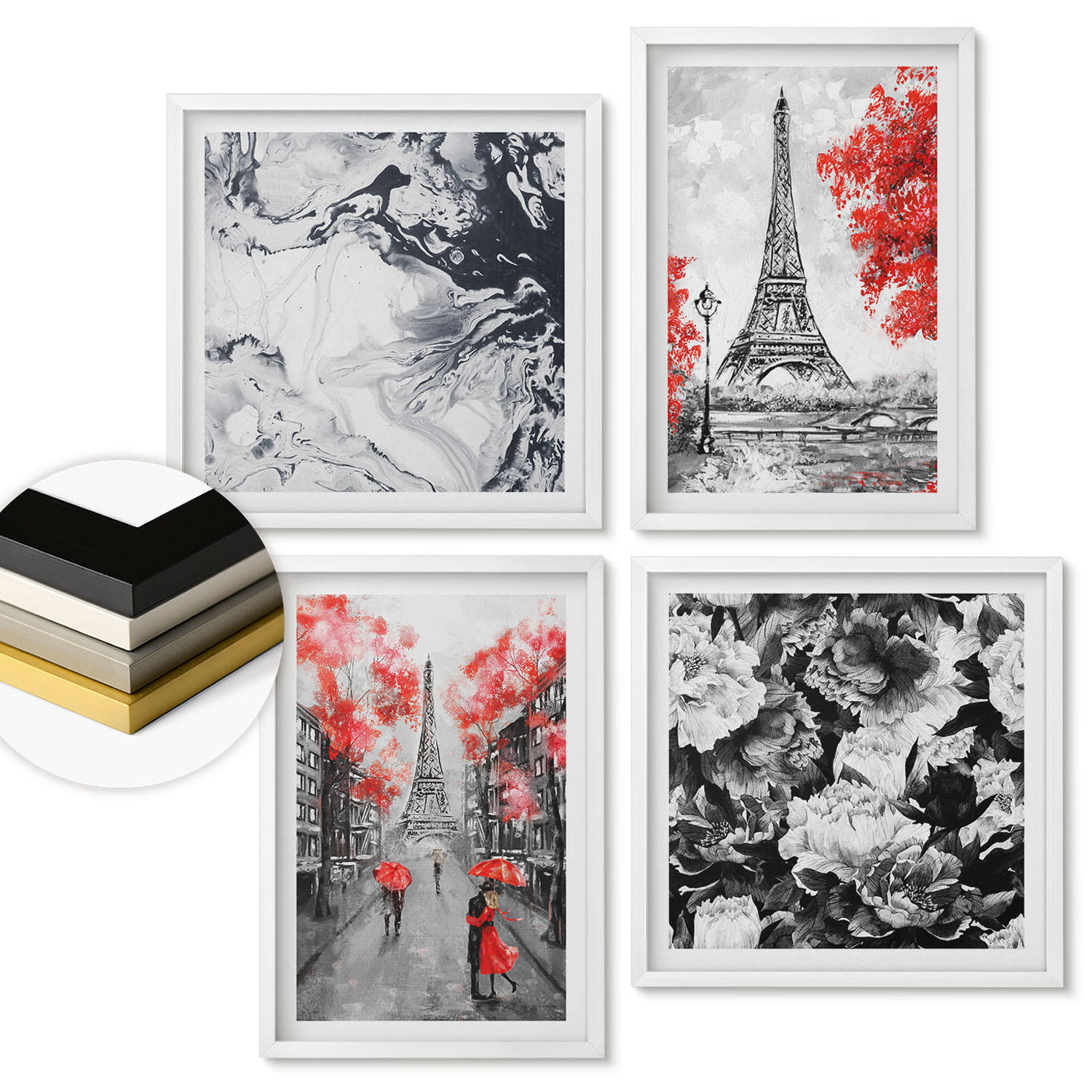 WANDBILDER 4er-Set - 50x50 cm & 40x60 cm Weißer Rahmen - graue Gemälde des Eiffelturms - Weiß, Kunststoff (50/50cm) - ArtPrintCave