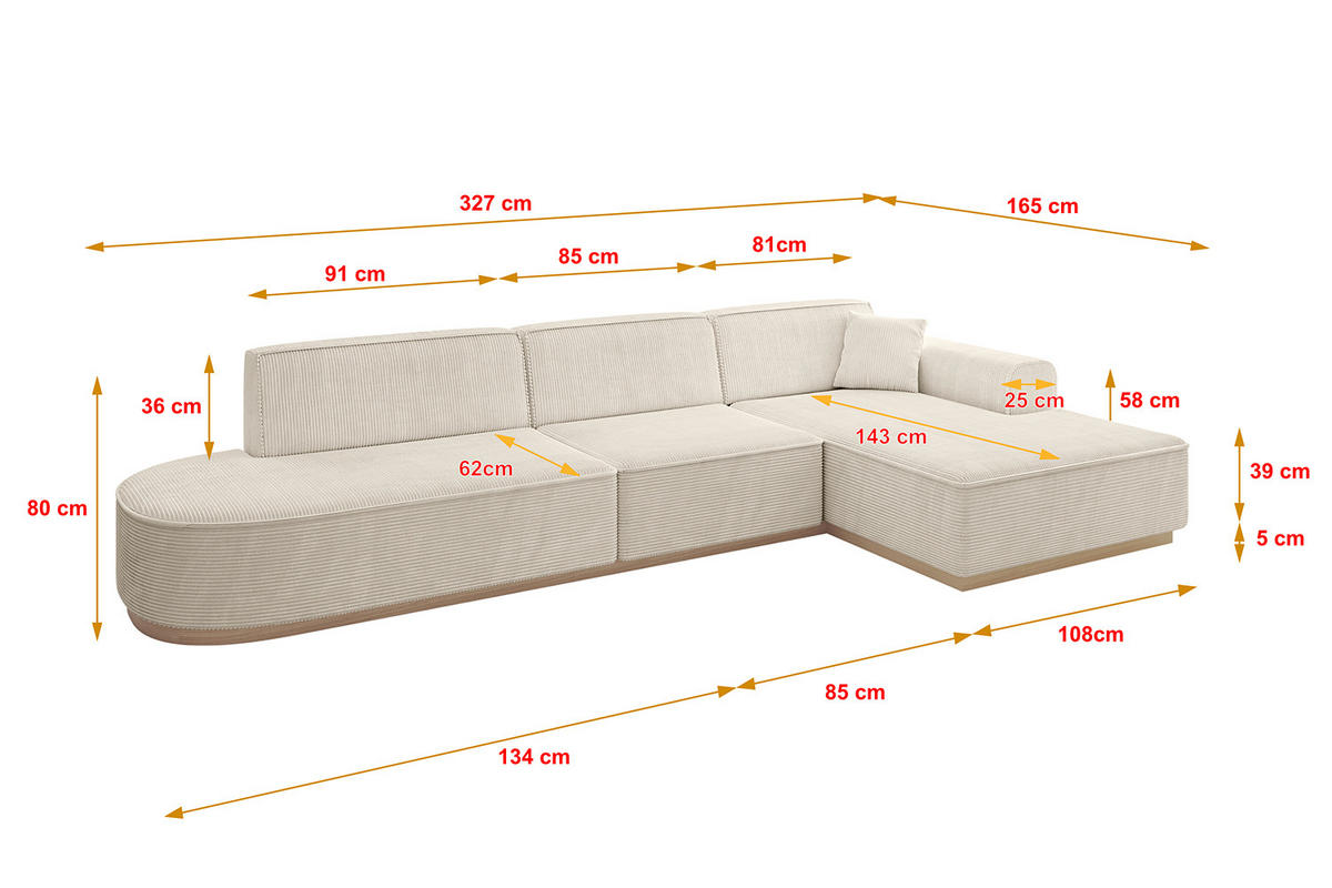 ECKSOFA Ottomane Rechts IREA-L2 - 327x165x80 cm Beige - Beige, Holzwerkstoff/Textil (327/165cm) - ALTDECOR
