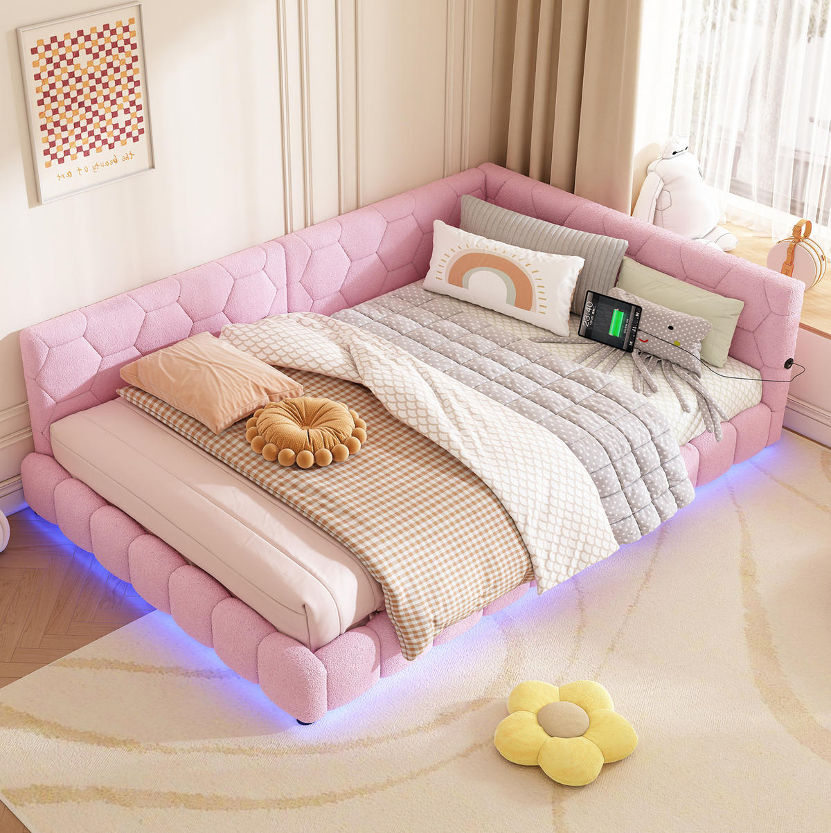 ČALOUNĚNÁ postel ze sametu, 140/200 cm růžová, s LED osvětlením a USB/USB-C - růžová, textil (140/200cm) - BEAOK