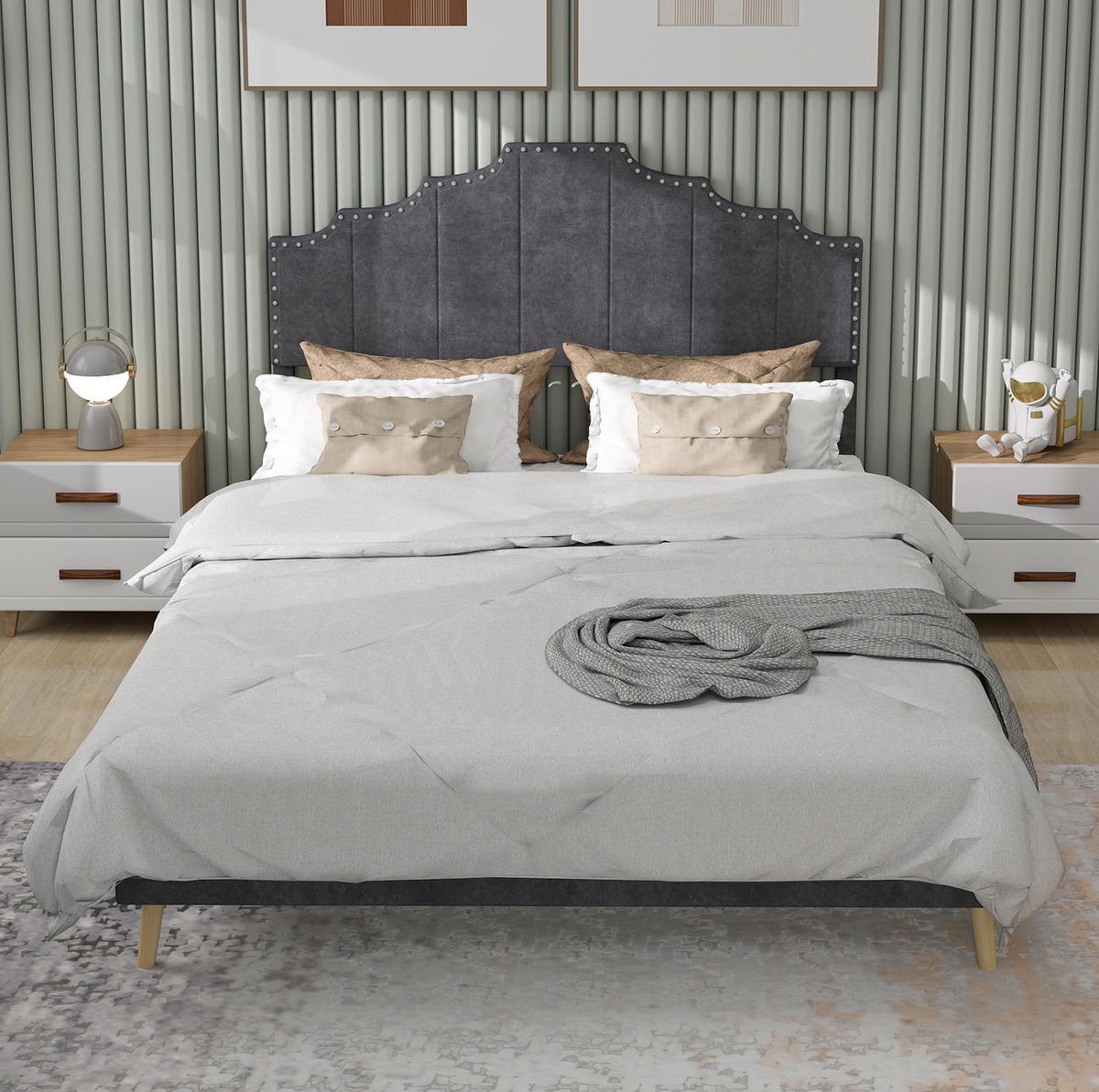POLSTERBETT 160/200 cm grau aus Stoff und Metall mit gepolstertem Kopfteil - Grau, Textil (160/200cm) - OKWISH