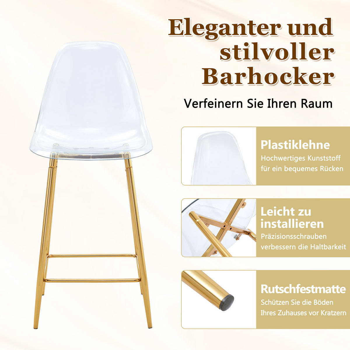 BARHOCKER DE-36582 4er Set mit transparenter Sitzschale Gold - Goldfarben, Kunststoff (45/102/51cm) - ComfortXL