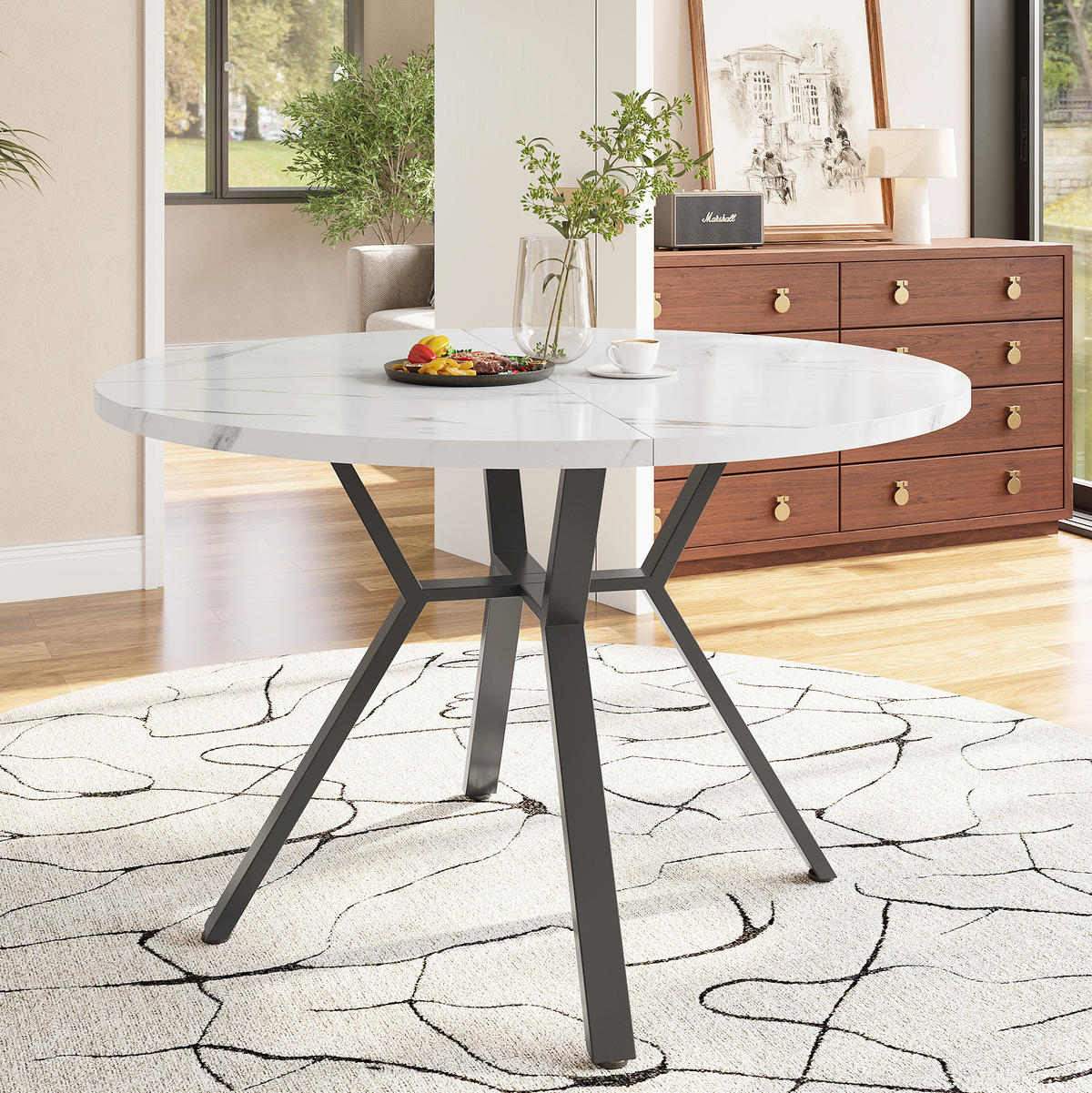 ESSTISCH rund, MDF in Marmoroptik mit /-Metallgestell, Ø 100/75 cm, Weiß/Schwarz - Schwarz, Holzwerkstoff (100/100/75cm) - Redom