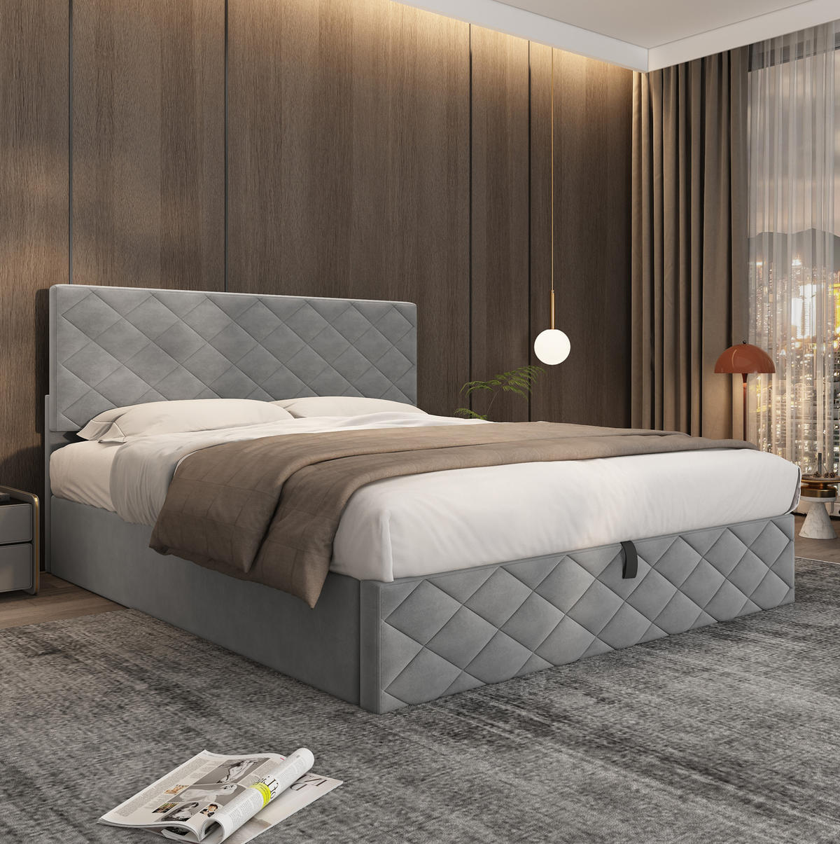 POLSTERBETT aus Samt 140x200 cm in Grau mit Hydraulik & Stauraum - Grau, Textil (140/200cm) - Modfu