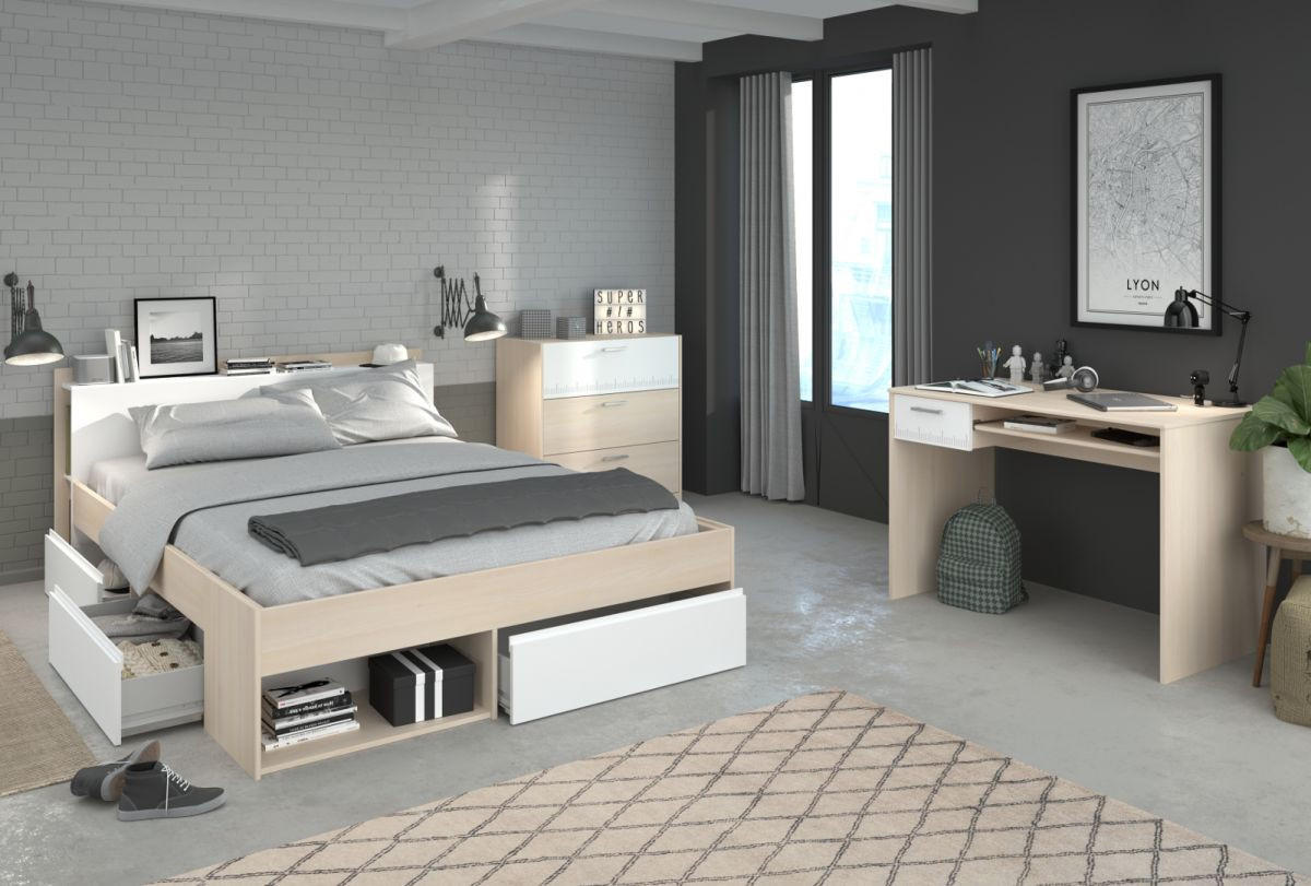 JUGENDZIMMER Akazie, weiß, Komplett-Set mit Stauraumbett 160x200, Schreibtisch, Kommode - Silberfarben/Weiß, Holzwerkstoff/Kunststoff (170/82/220cm) - Parisot Meuble