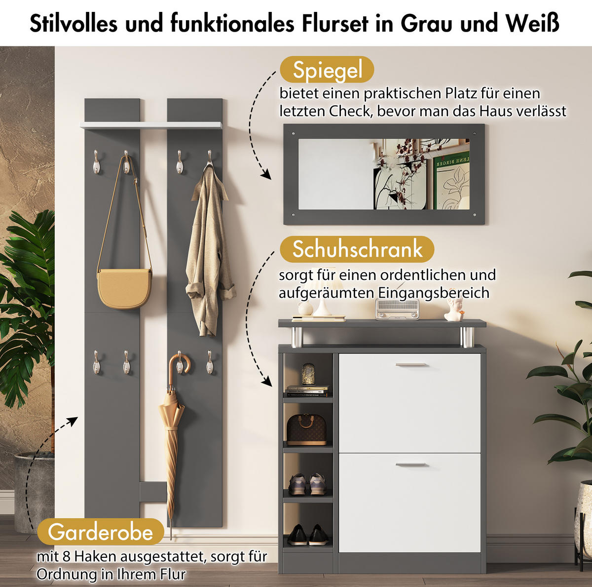 GARDEROBENSET 80/25/96,5 cm grau/weiß aus Spanplatte mit Spiegel und Schuhschrank - Weiß, Holzwerkstoff (80/96/25cm) - OKWISH