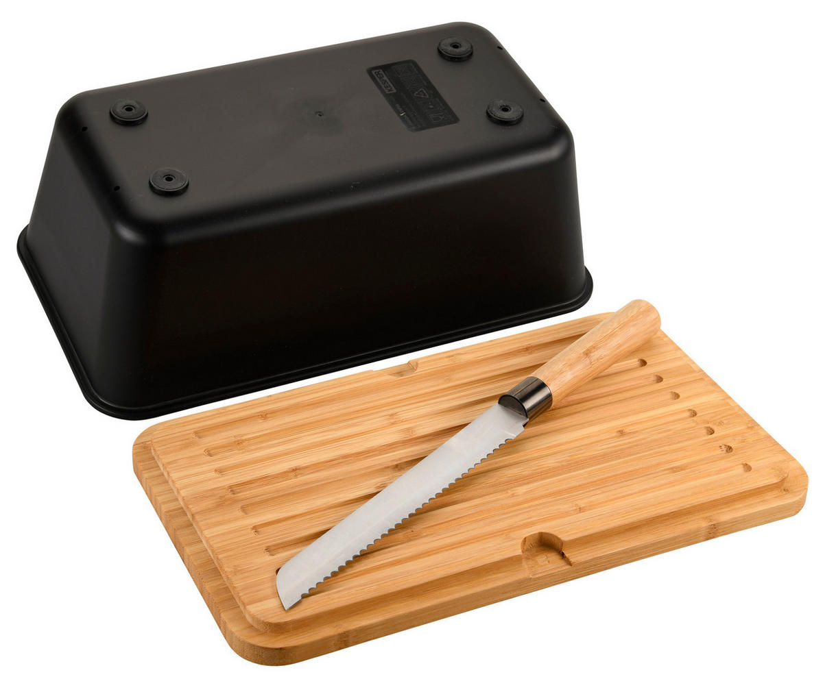 BROTKASTEN mit Bambusdeckel und Brotmesser 34,8/20/15,5 cm - Schwarz, Naturmaterialen (20/15.5/34.8cm) - Kesper