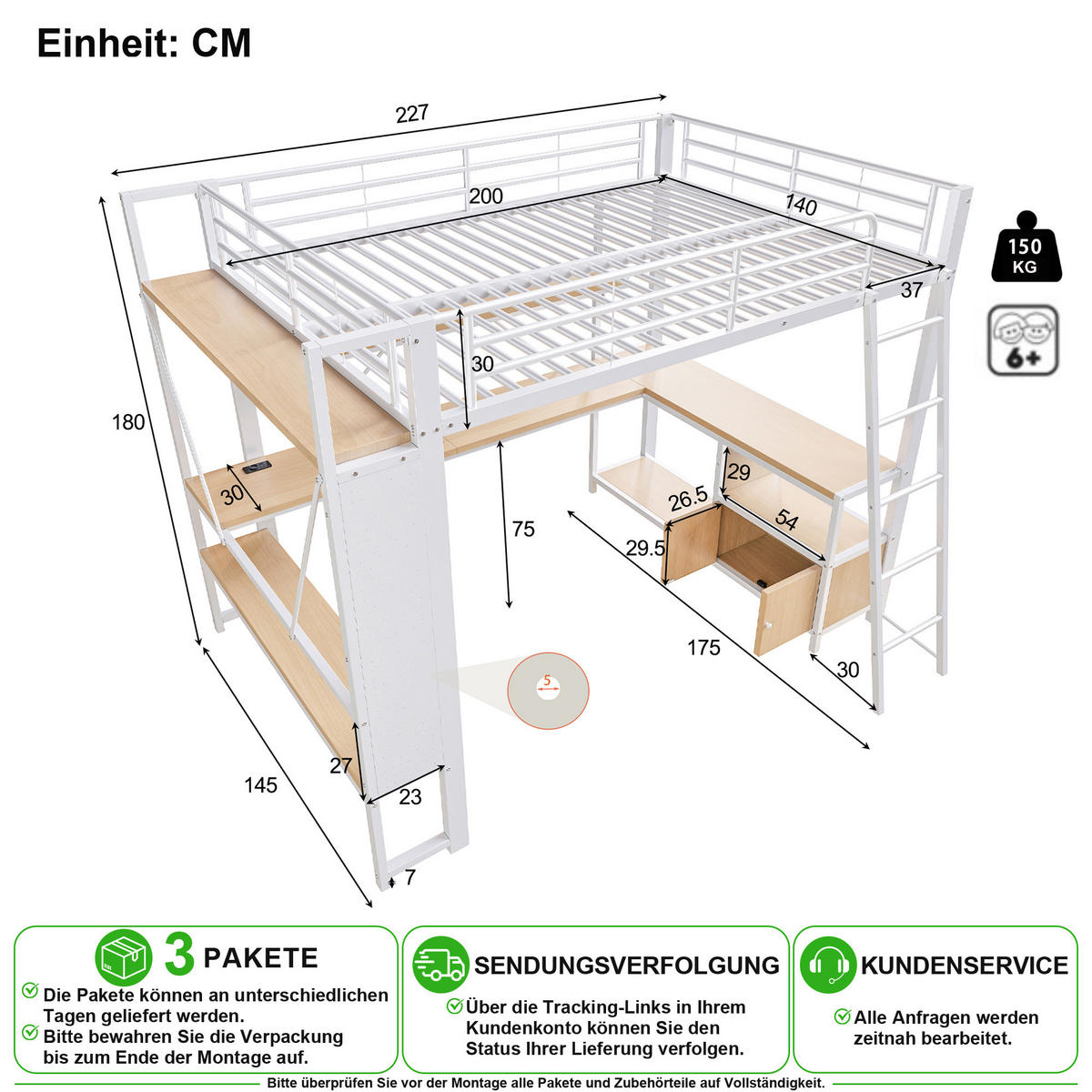 VYVÝŠENÁ POSTEL 140/200 cm v bílé barvě s LED, stolem a USB - bílá, kov/kompozitní dřevo (140/200cm) - CHICFURN