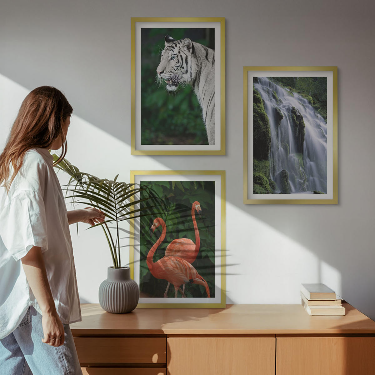 BILDER SET 3er Set - 40x60 cm Goldrahmen - Tiger Wasserfall Flamingos Natur - Goldfarben, Kunststoff (40/60cm) - TULUP