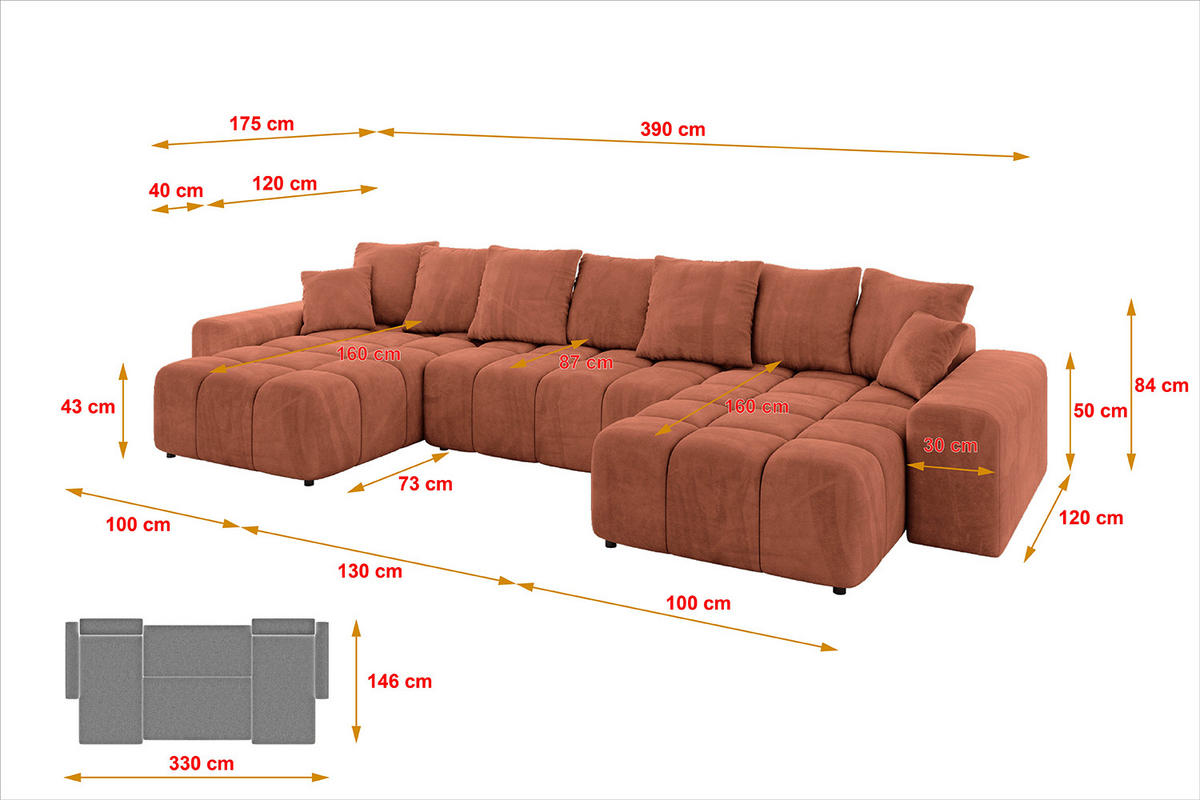 WOHNLANDSCHAFT ENIL-U 390x175x84 Koralle Velours - Koralle, Holzwerkstoff/Kunststoff (390/84/175cm) - ALTDECOR