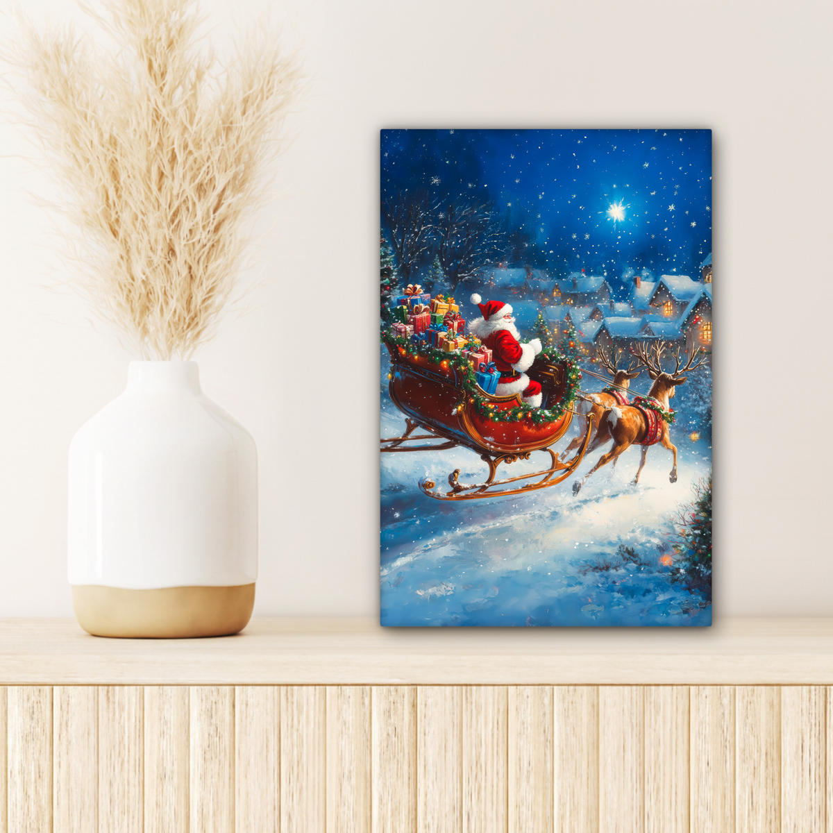 LEINWANDBILD Weihnachtsmann - Rentier - Weihnachten - Schnee 20x30 cm - Cognac, Textil (20/30cm) - MuchoWow