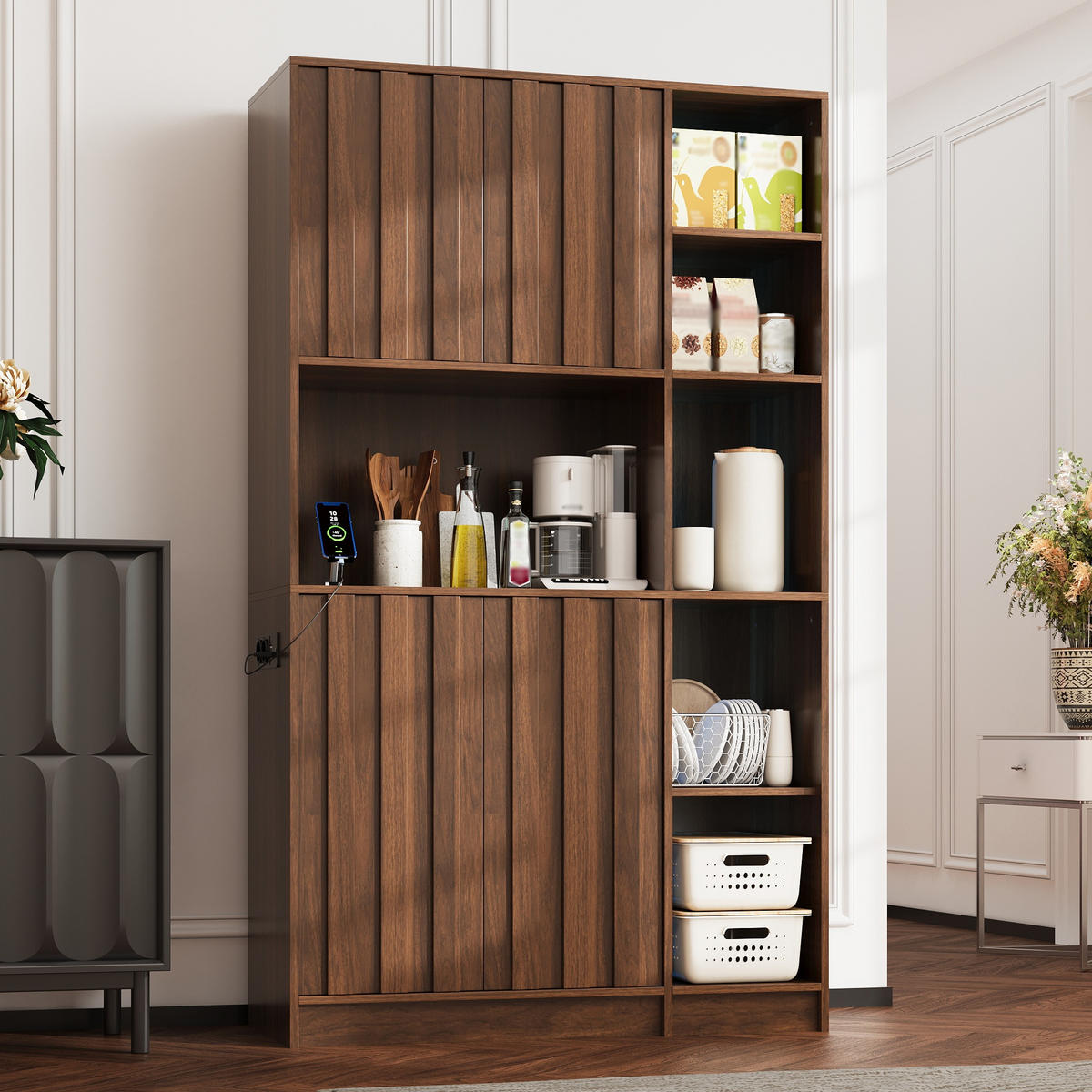 HIGHBOARD DE-38703 105/40/180 cm LED-Beleuchtung und Steckdose Walnuss - Walnussfarben, Holzwerkstoff (105/180/40cm) - ComfortXL