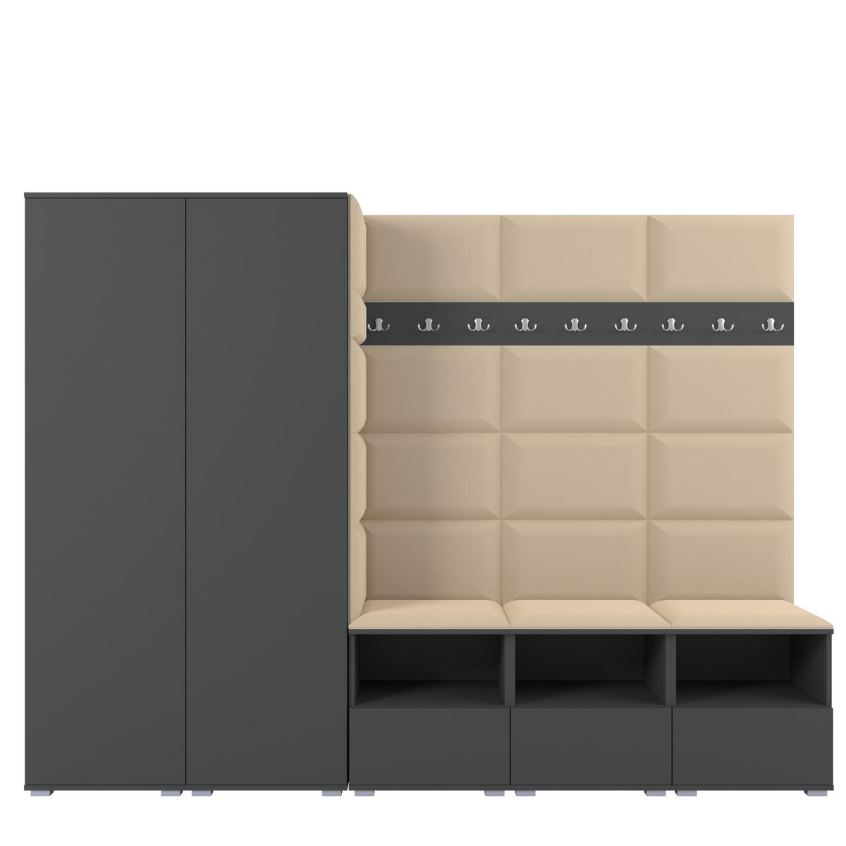 GARDEROBE NELA VII 250 cm (Modulare Flurmöbel XL Graphit mit Sitzpolster Beige 04 2 Schränke) - Beige/Silberfarben, Holz/Holzwerkstoff (250/187/40cm) - Ravio