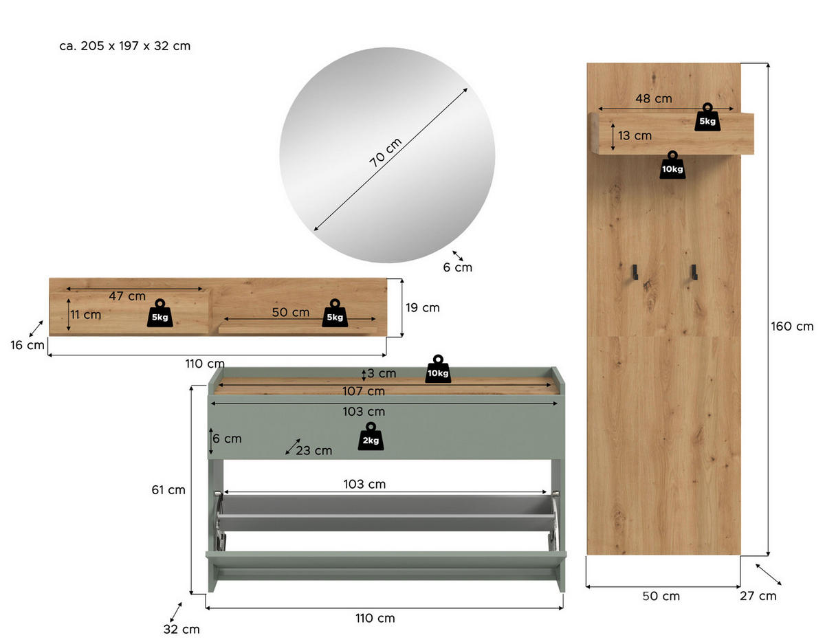 GARDEROBEN-SET Salbei grün, Eiche Artisan 205 cm 4-teilig, Garderobenschränke hängend - Salbeigrün/Eiche Artisan, Glas/Holzwerkstoff (205/197/32cm) - Inn.Furn