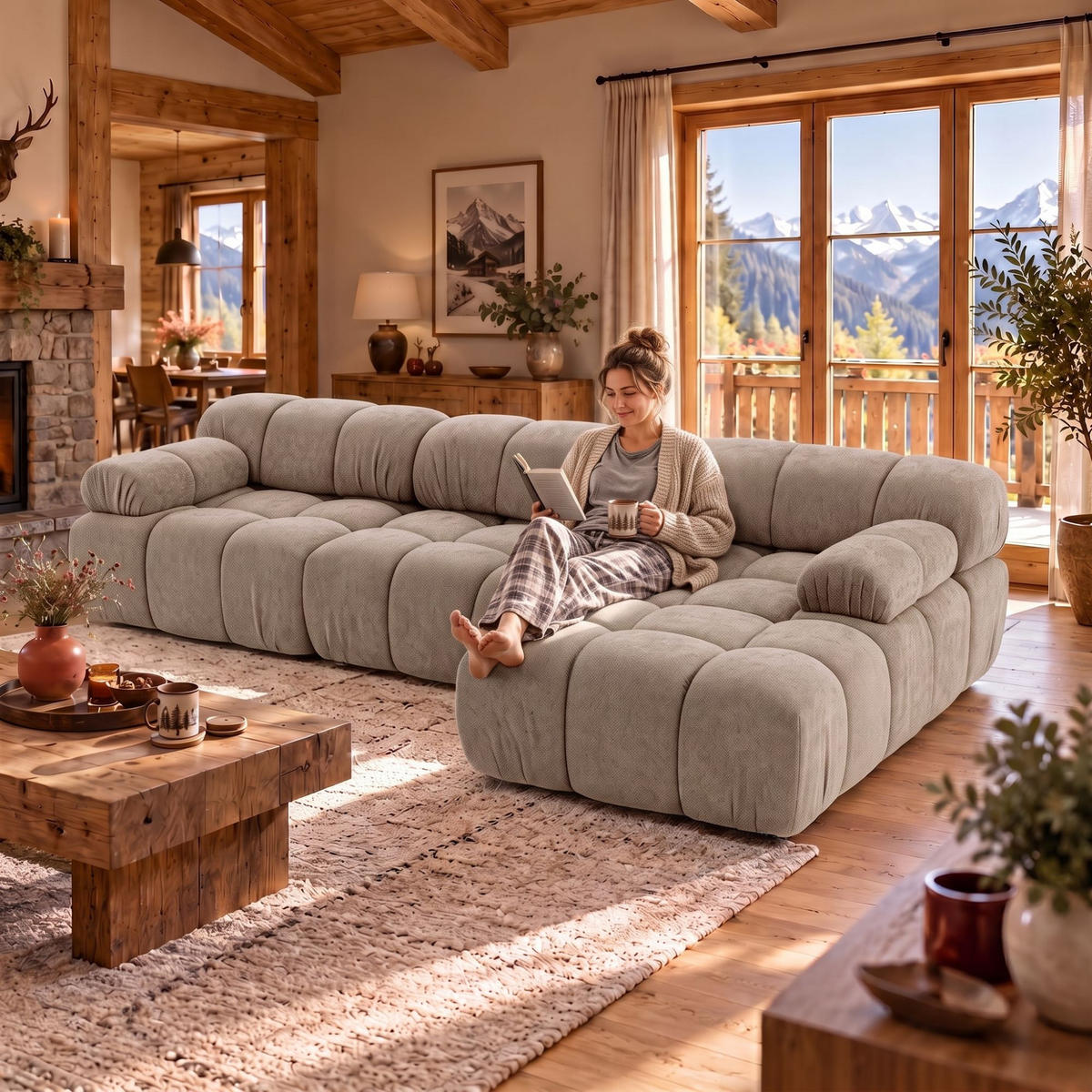 MODULARES Ecksofa MOMENTUM L, Rechts, Breite 282 cm, strukturierter Stoff, Beige - Chromfarben/Beige, Holz/Textil (155/282cm) - Muffo