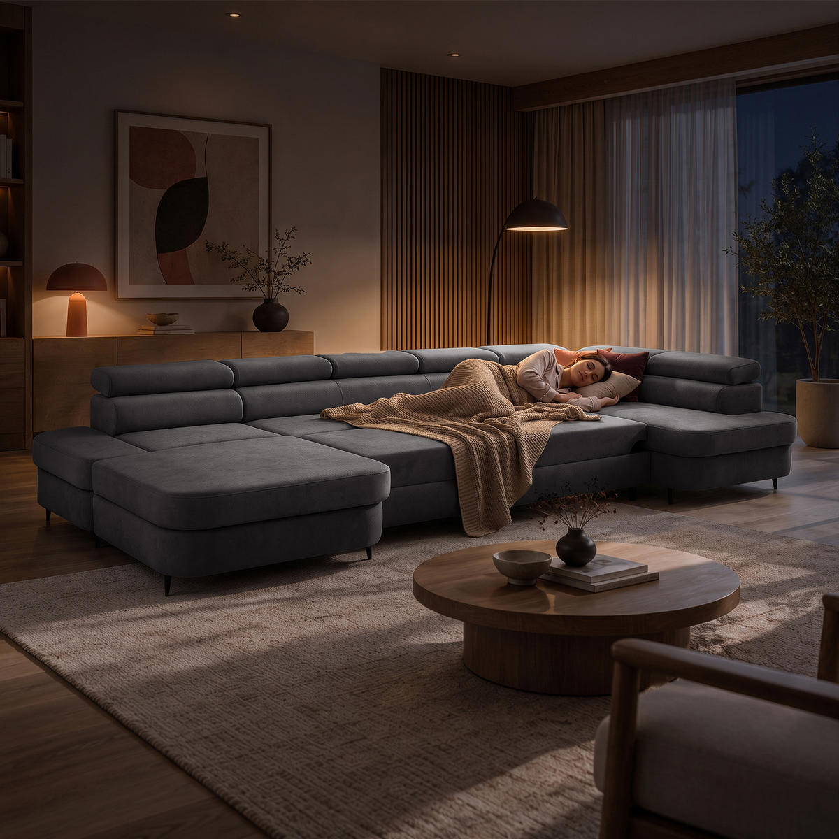 ECKSOFA U-Form PRIAM MAXI U Rechts mit Schlaffunktion 125x317 Velours Grau - Schwarz/Grau, Holz/Textil (400/91/203cm) - Muffo
