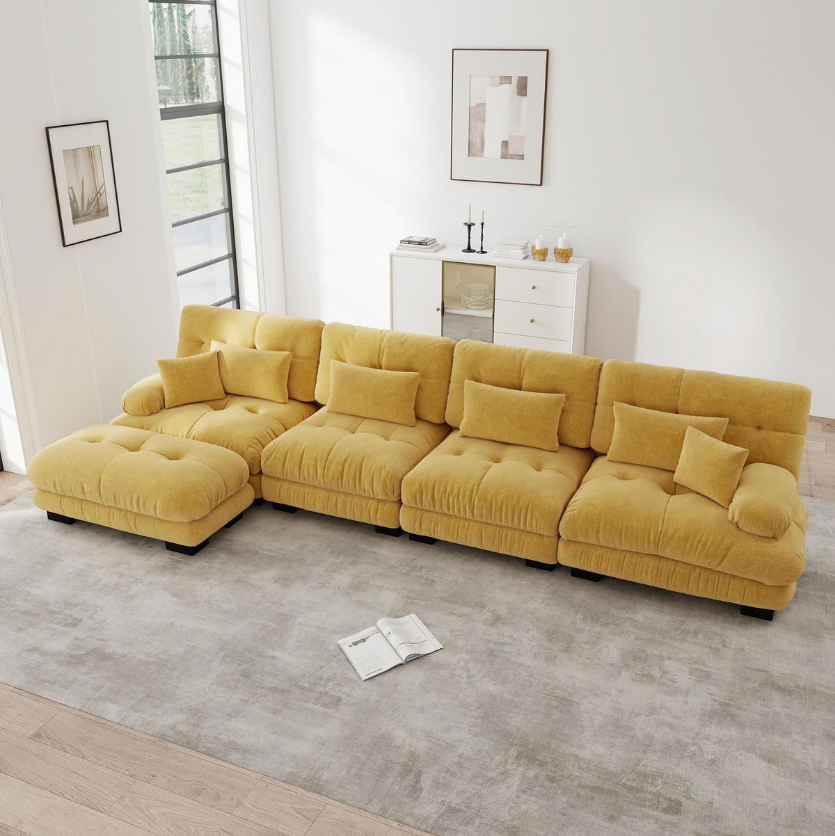 ECKSOFA 406/145/81 cm gelb aus Chenille mit modularem Ottoman - Gelb, Textil (145/406cm) - OKWISH
