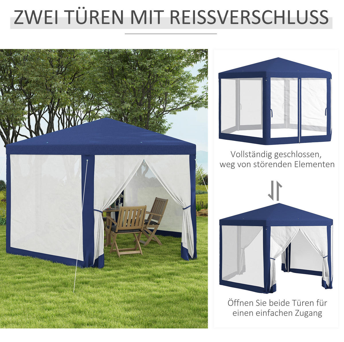 PAVILLONS aus Polyester 394x341,2x250 cm in Blau mit Netzvorhängen - Blau, Textil (341.2/250/394cm) - Modfu