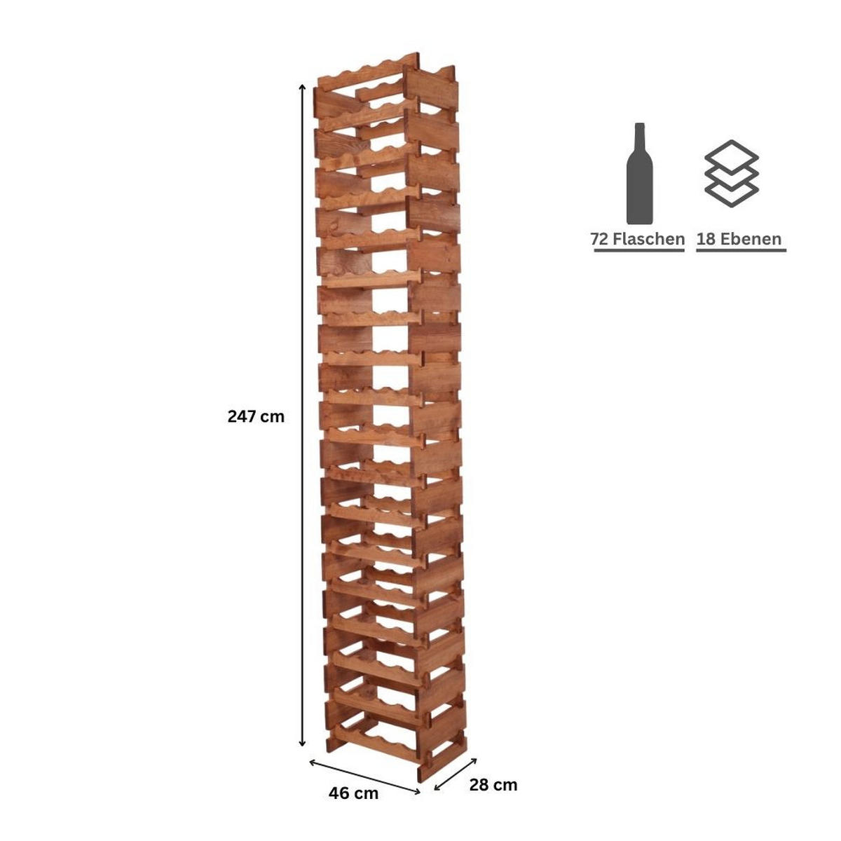 WEINREGAL VINOTECA FLEX PRO HxBxT 247x46x28cm 72 Flaschen auf 18 Ebenen Braun geölt - Braun, Holz (46/247/28cm) - PROREGAL