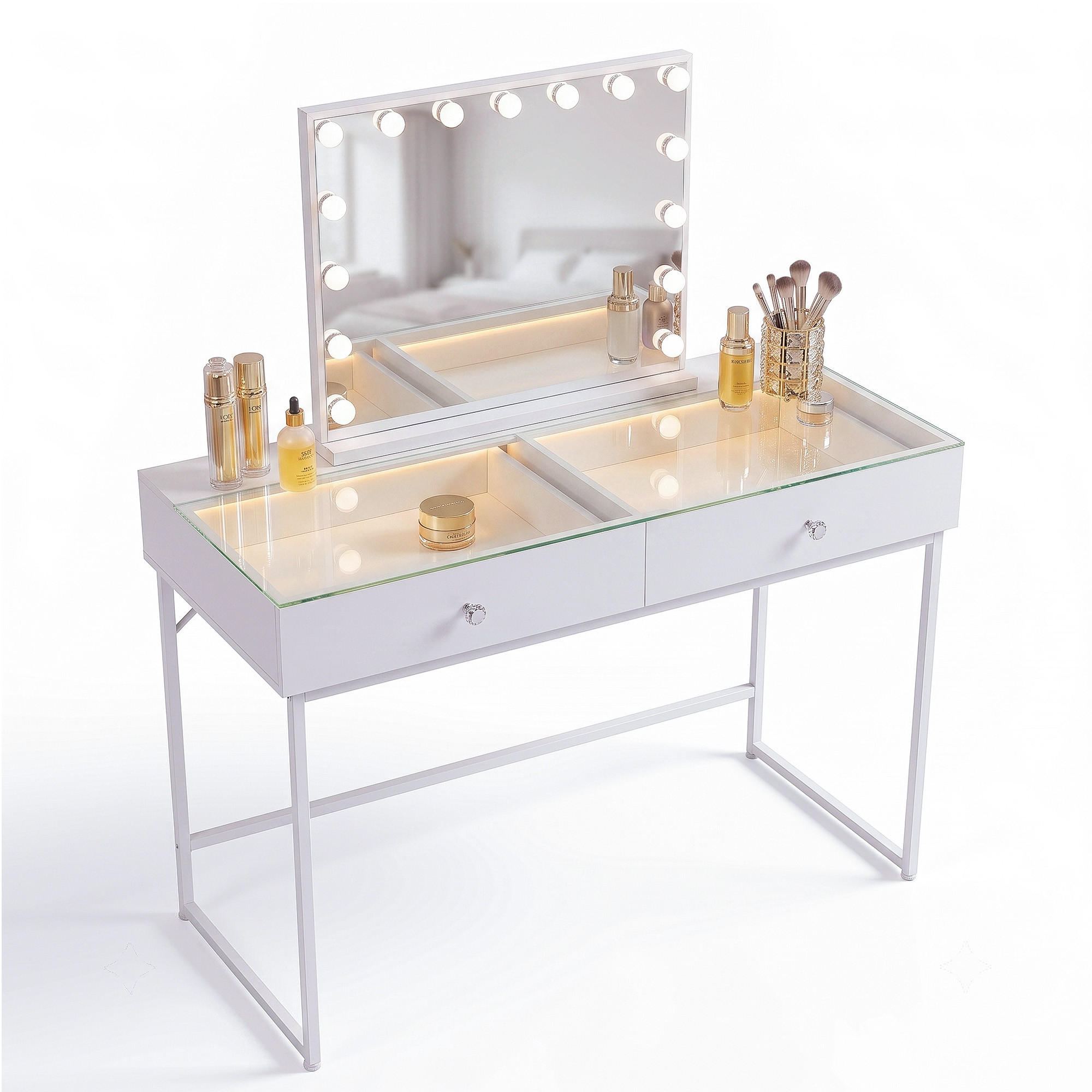 SCHMINKTISCH mit Spiegel Beleuchtung 2 Schubladen Weiβ 100/55/129 CM - Weiß, Holz/Metall (55/81/100cm) - VANITII