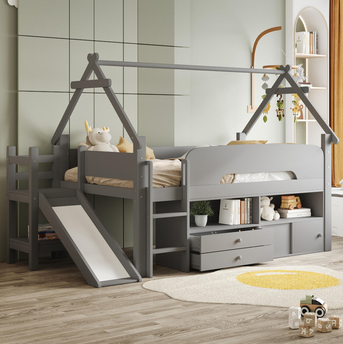 KINDEREINZELBETTEN aus Massivholz 90 x 200 cm in Grau mit Rutsche & Stauraum - Grau, Holz (90/200cm) - Modfu