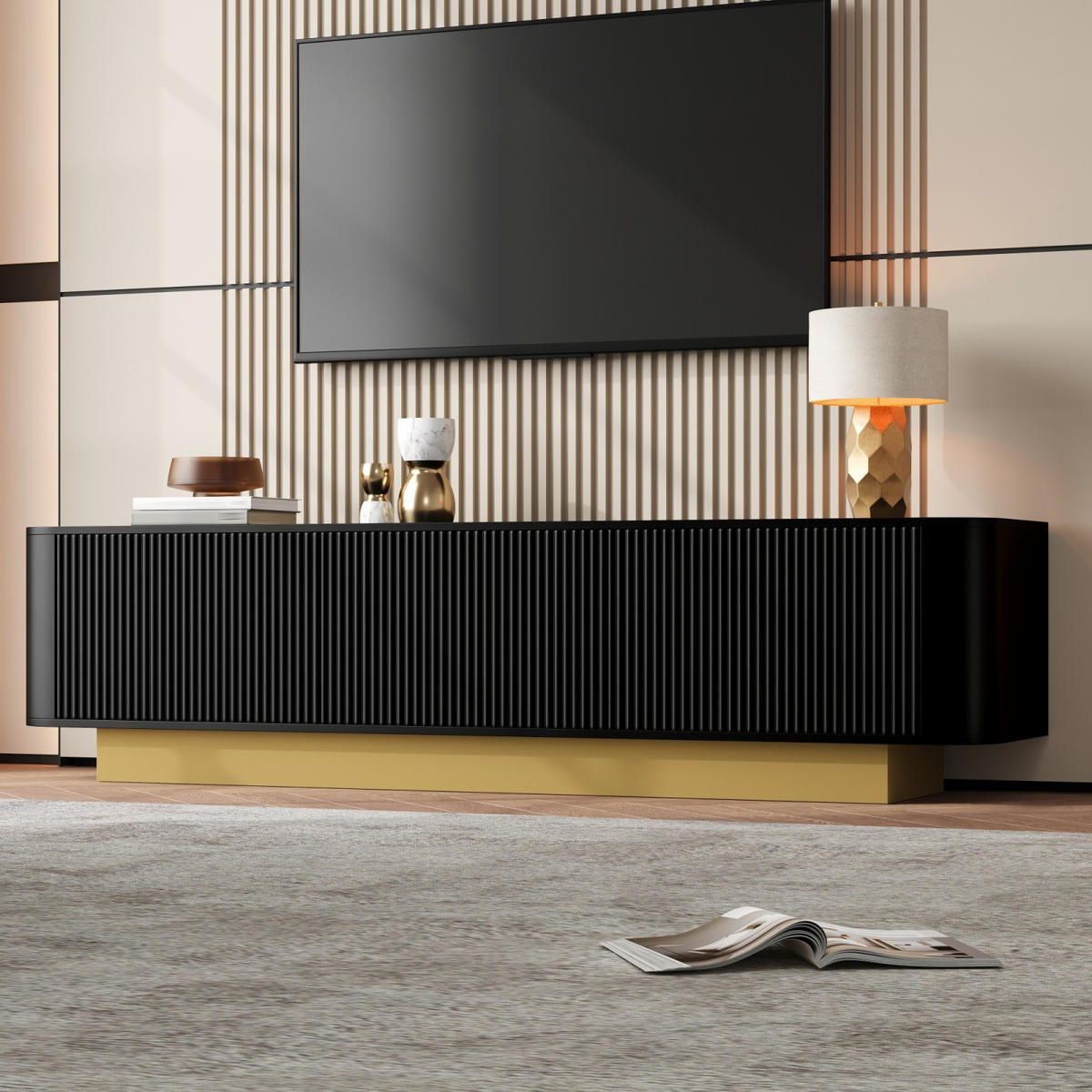 TV-LOWBOARD 200 cm aus MDF, Holzoptik, 3 Türen, Stauraum, abgerundet, Kabelmanagement, Schwarz - Schwarz, Holzwerkstoff (200/47/40cm)