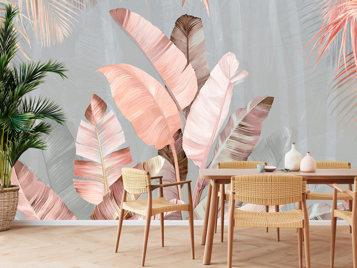FOTOTAPETA Pre Jedáleň Tropické Pastelové Banánové Listy 400 x 280 cm - hnedá/sivá, papier (400/280cm) - Muralo