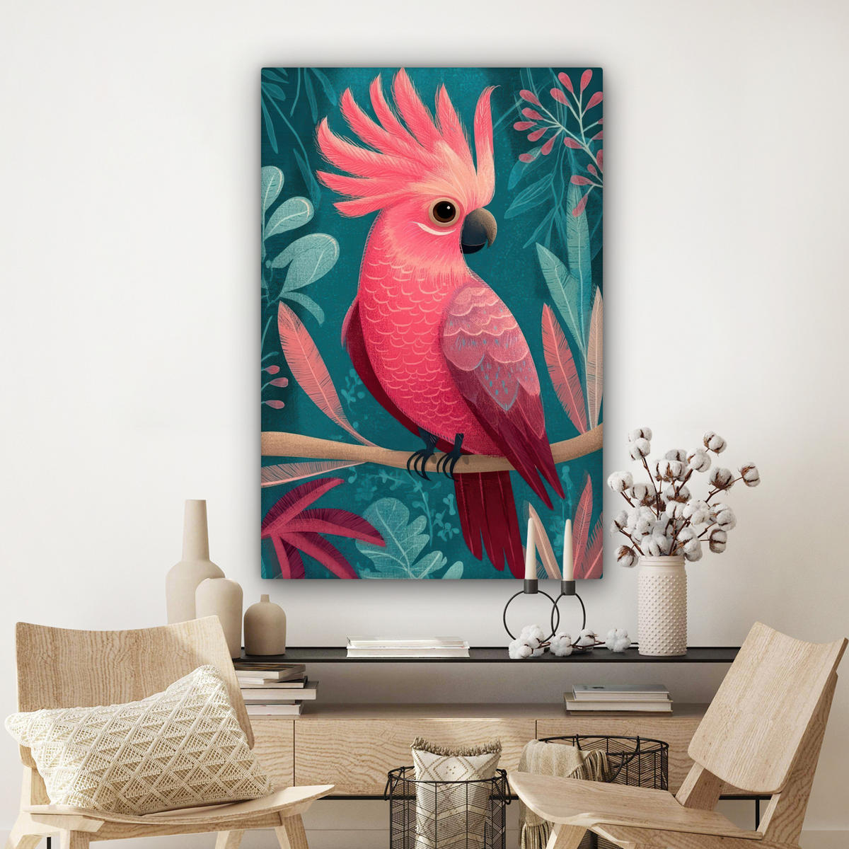 LEINWANDBILD Kakadu - Tropische Blätter - Zweig Deko XXL 80x120 cm - Petrol, Textil (80/120cm) - MuchoWow