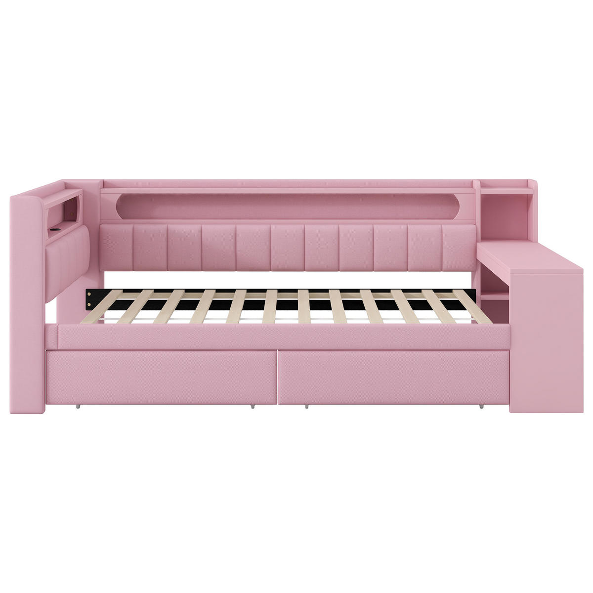 KINDERBETT 90/200 cm Rosa mit LED-Beleuchtung USB-Anschluss Schreibtisch und Schubladen - Rosa, Textil (90/200cm) - OKWISH