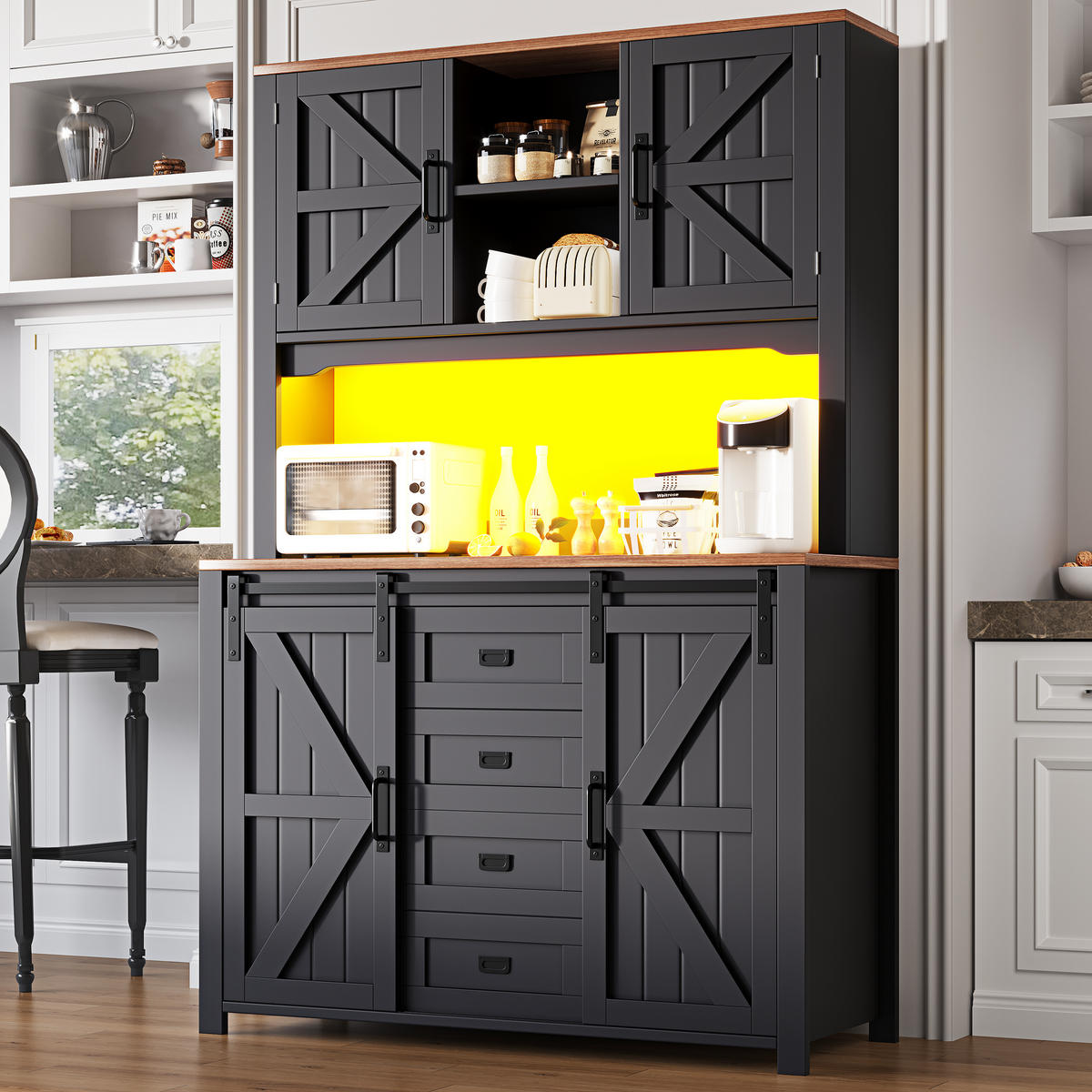 GESCHIRRSCHRANK aus MDF & Metall 115x40x174,7 cm in Schwarz mit LED - Schwarz, Holzwerkstoff (115/174.7/40cm) - Modfu