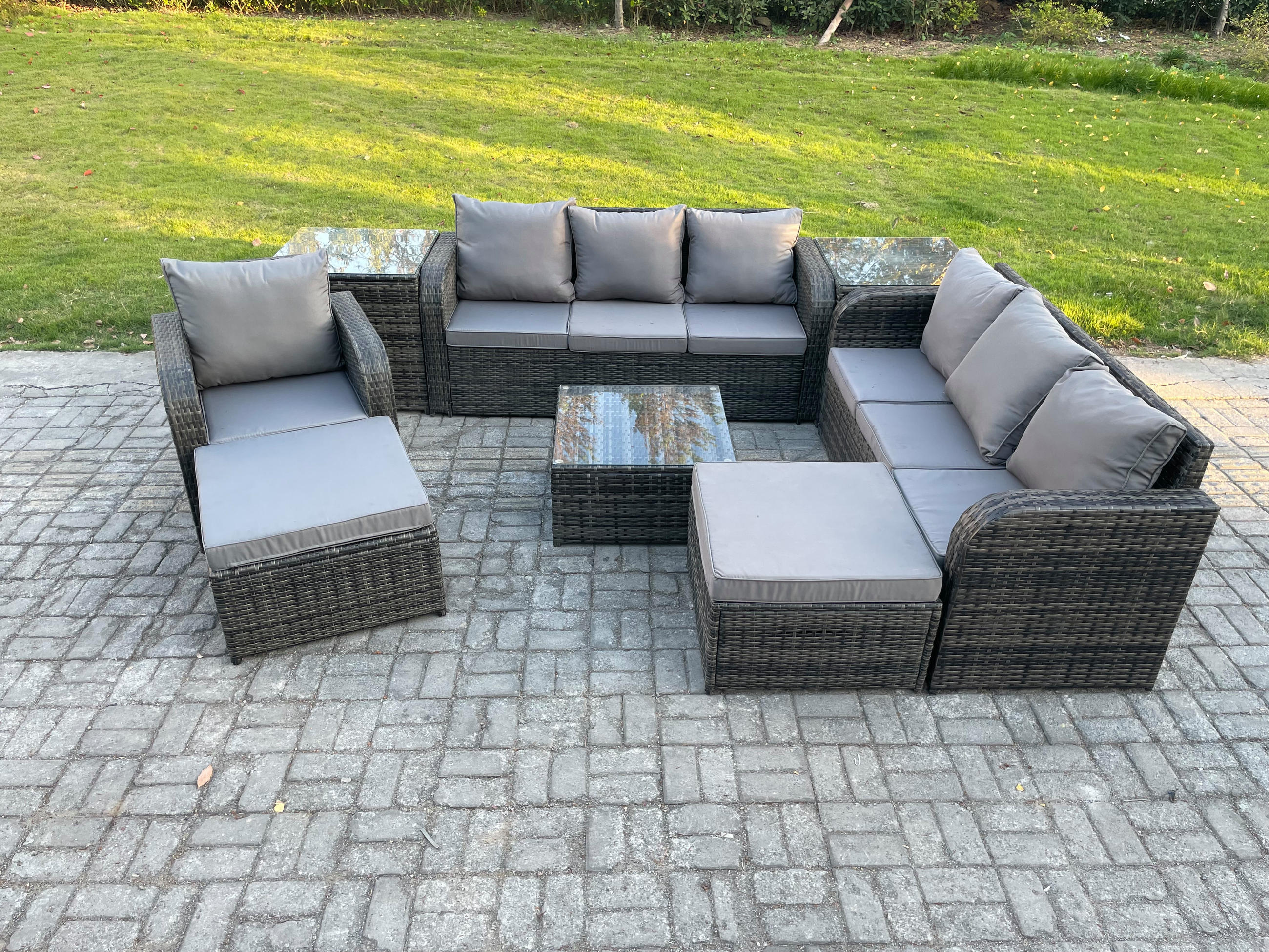 GARTENMÖBEL SET mit 3-SITZER SOFA Polyrattan Dunkelgrau 9-Sitzer - Dunkelgrau/Grau, Glas/Kunststoff - Fimous