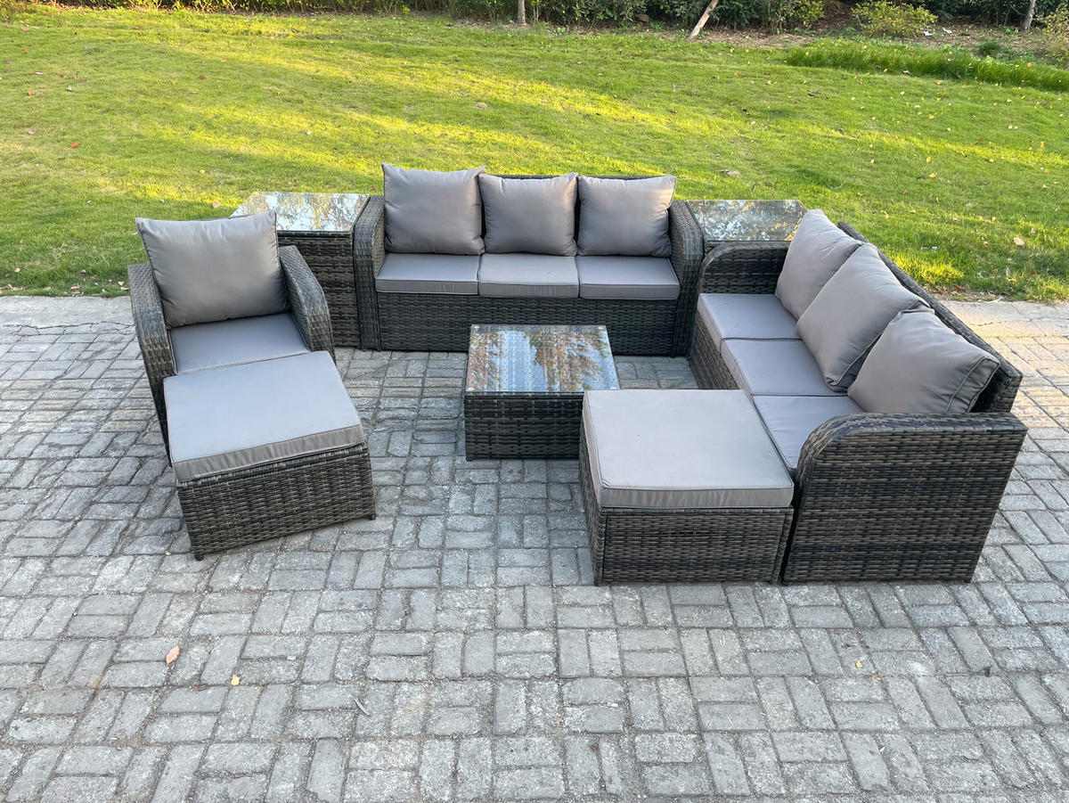 GARTENMÖBEL SET mit 3-SITZER SOFA Polyrattan Dunkelgrau 9-Sitzer - Dunkelgrau/Grau, Glas/Kunststoff - Fimous