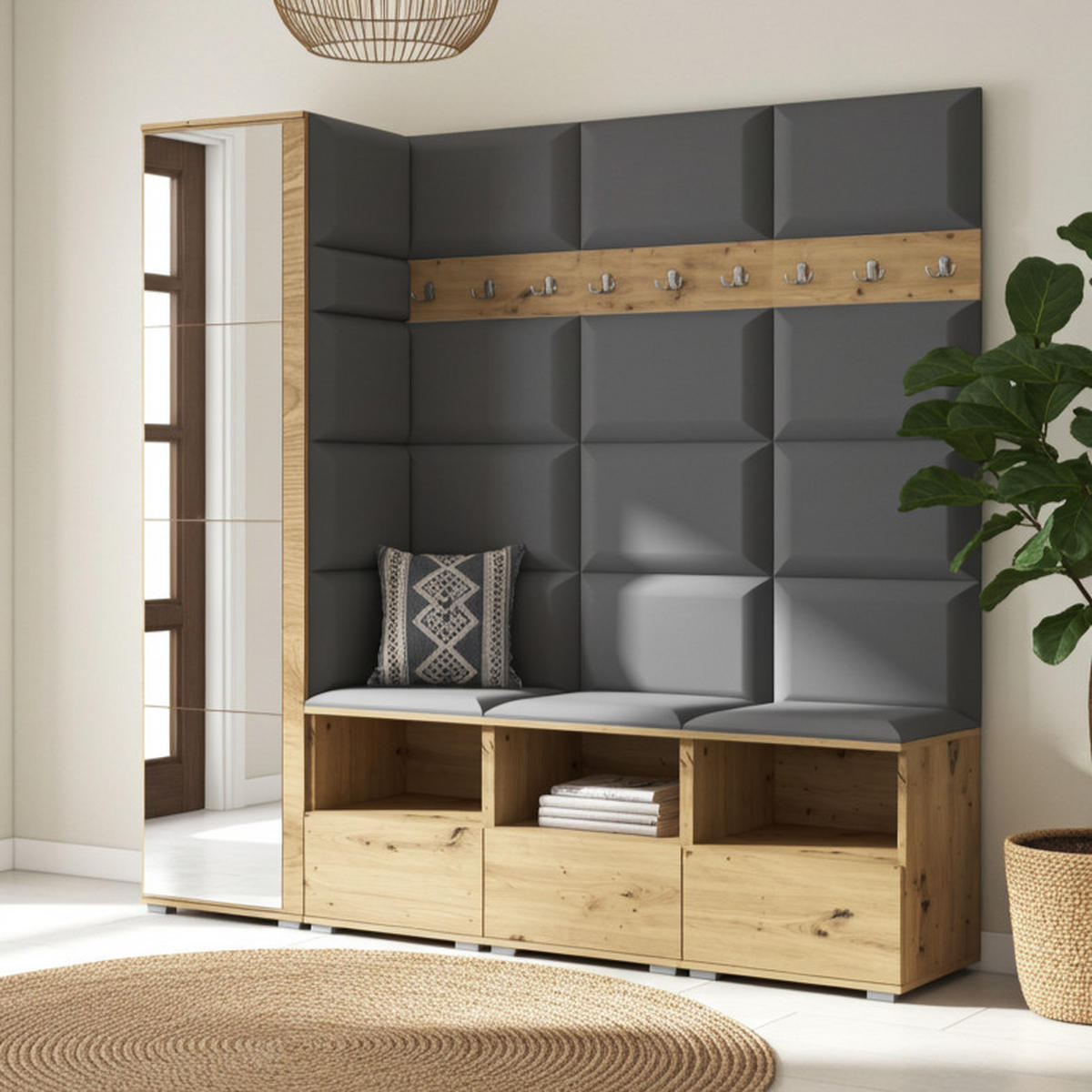 GARDEROBE NELA IX 200 cm (Modulare Flurmöbel Artisan Eiche mit Spiegel & Sitzpolster Dunkelgrau 15 Breite Sitzbank) - Dunkelgrau/Silberfarben, Holz/Holzwerkstoff (200/187/40cm) - Ravio