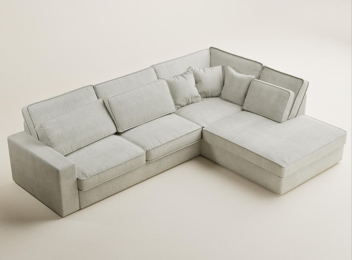 ECKSOFA Kirou Creme Chenille-Stoff - Rechts Seite - Creme/Schwarz, Holz/Holzwerkstoff (311/225cm) - Maison de Reve