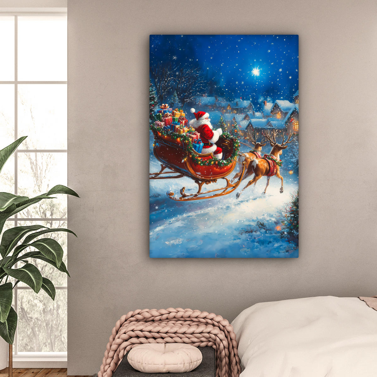 LEINWANDBILD Weihnachtsmann - Rentier - Weihnachten - Schnee 80x120 cm - Cognac, Textil (80/120cm) - MuchoWow