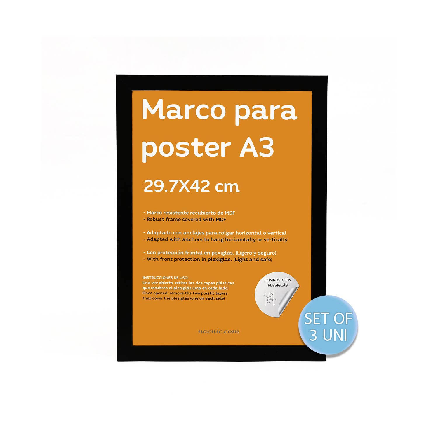 RAHMEN Set mit 3 aus MDF und Acrylglas Schutz und Aussteller für Fotografien, Bilder, Poster, Gemälde, Dekoration für Haus Farbe Schwarz A3 - Schwarz, Holz (29.7/3/42cm) - Nacnic