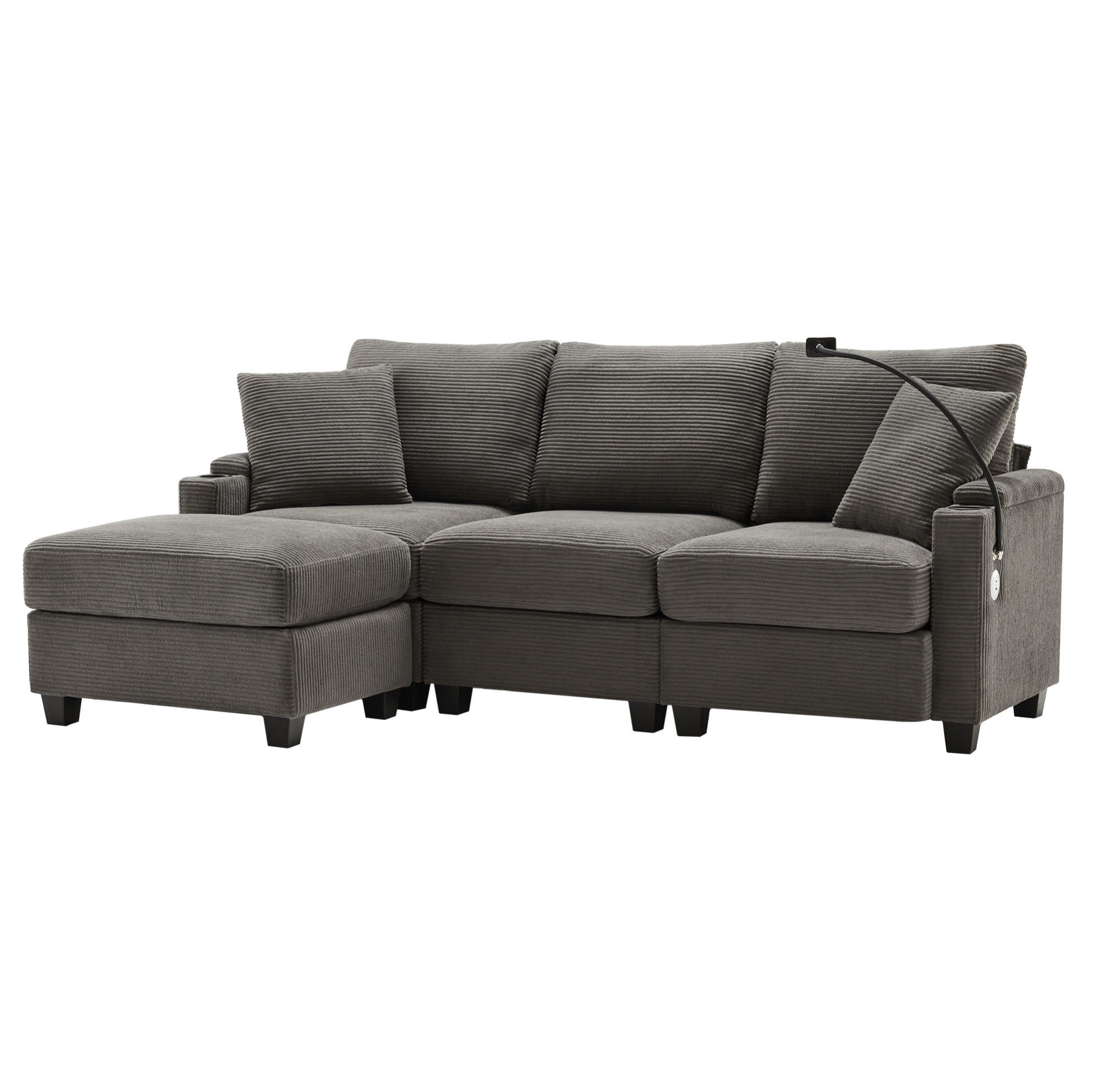ECKSOFA 213,5/139/87 cm dunkelgrau aus Cord mit Hocker und USB - Dunkelgrau, Textil (139/213.5cm) - OKWISH