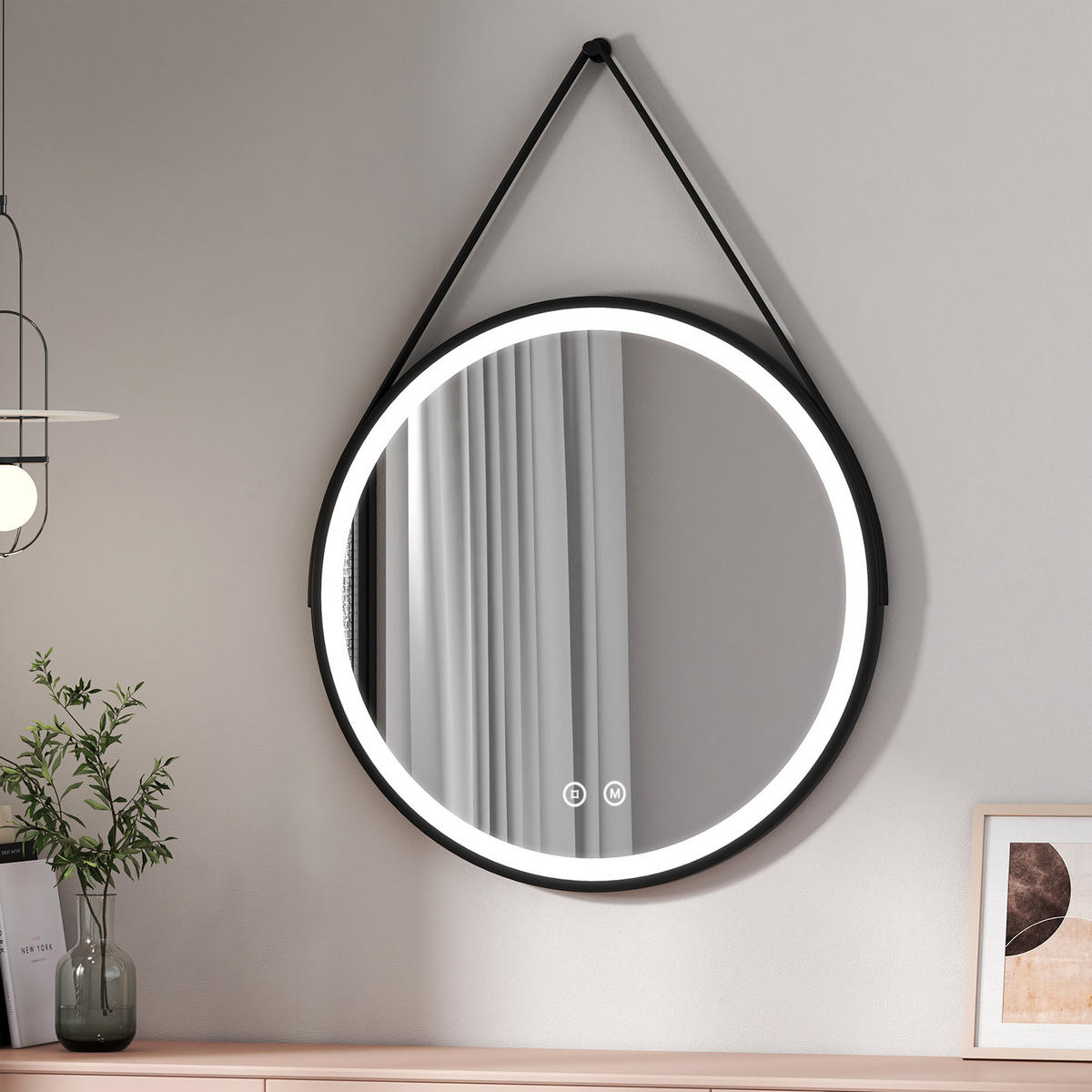 BADSPIEGEL Rund mit Touch-Schalter Beleuchtung mit Hängeriemen Schwarz ф80 cm - Schwarz, Glas (80/3/80cm) - EMKE
