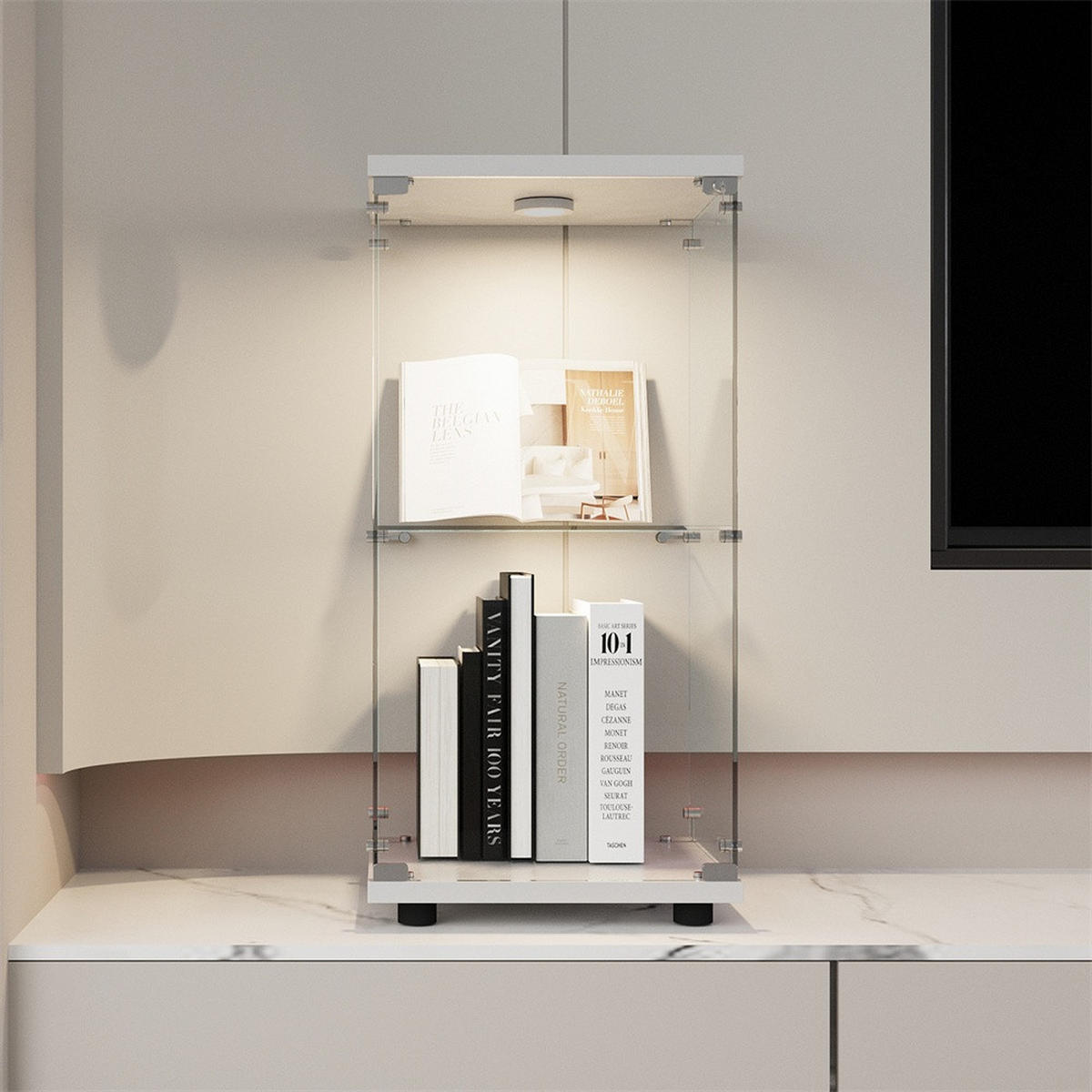 VITRINE - Glasvitrine mit 1 Tür und 2 Ebenen - integrierte LED-Spot-Beleuchtung - Weiße Decken- und Bodenplatte - Weiß, Glas (40.35/86.2/36.5cm) - DELFA