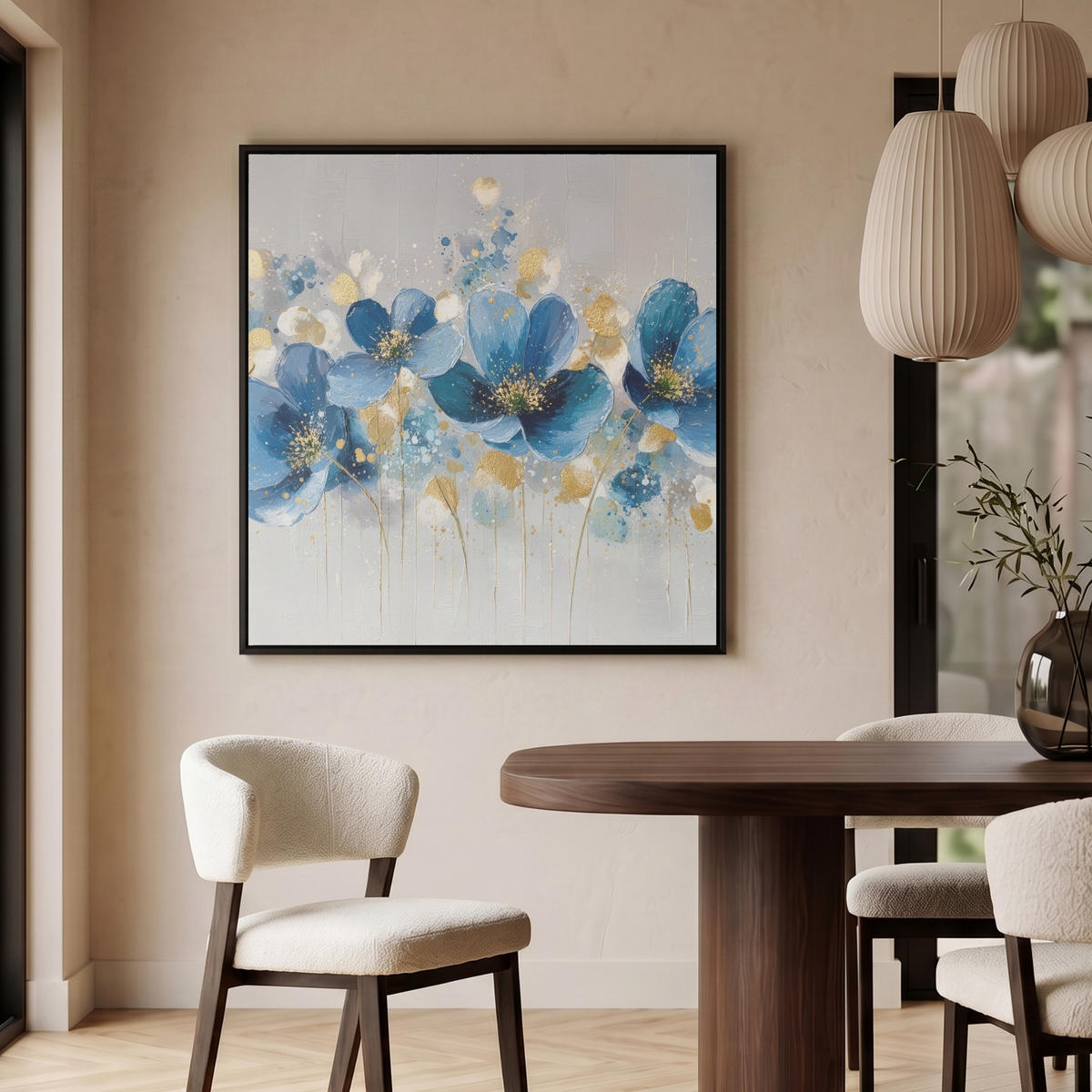 LEINWAND Bilder mit Rahmen - Blumen - Blau - Abstrakt - 90x90 - Hellgrau, Textil (90/90cm) - MuchoWow