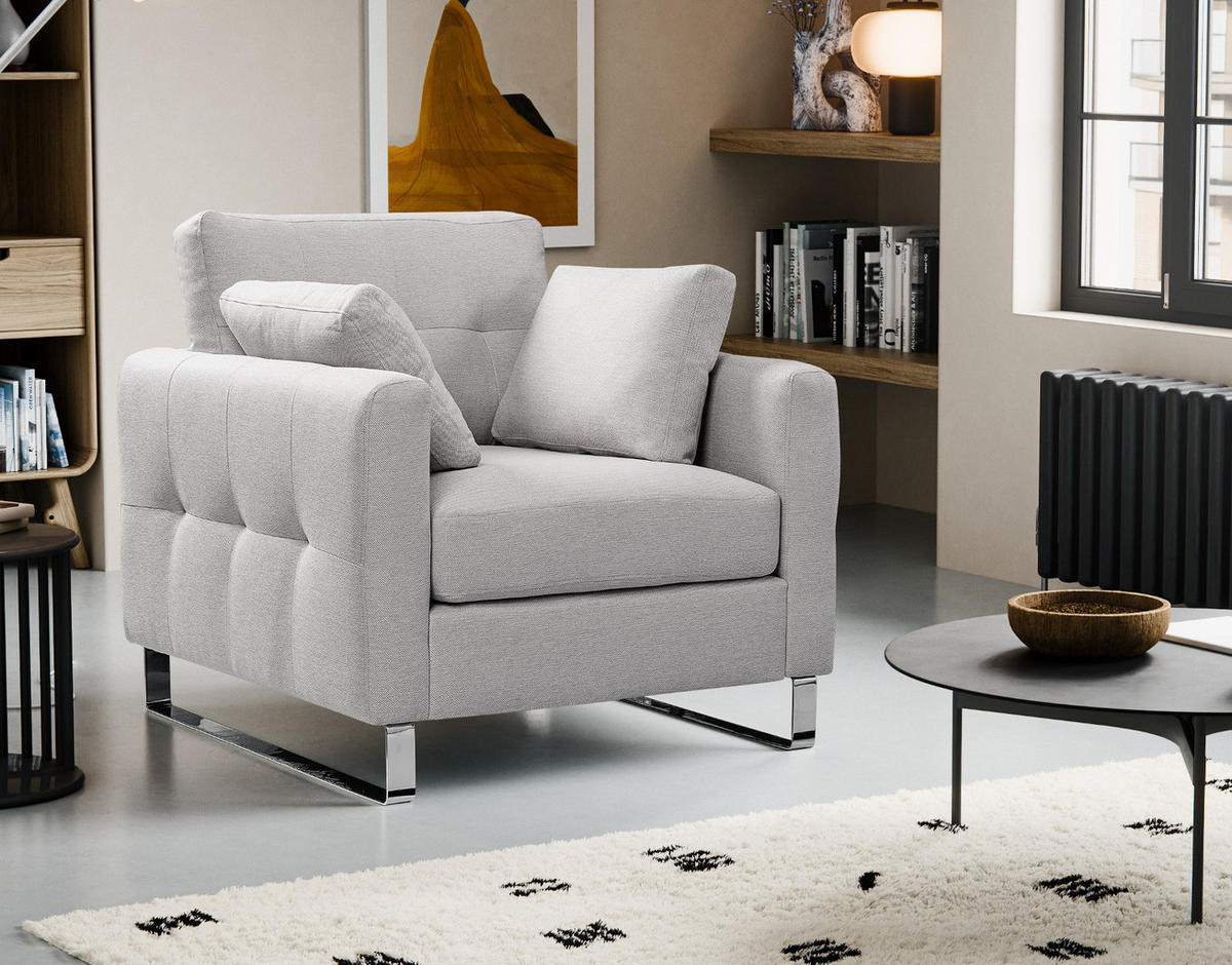 SESSEL hellgrau Flachgewebe 93 x 94 cm, Clubsessel mit Steppoptik - Chromfarben/Hellgrau, Holz/Textil (93/92/94cm) - Inn.Furn