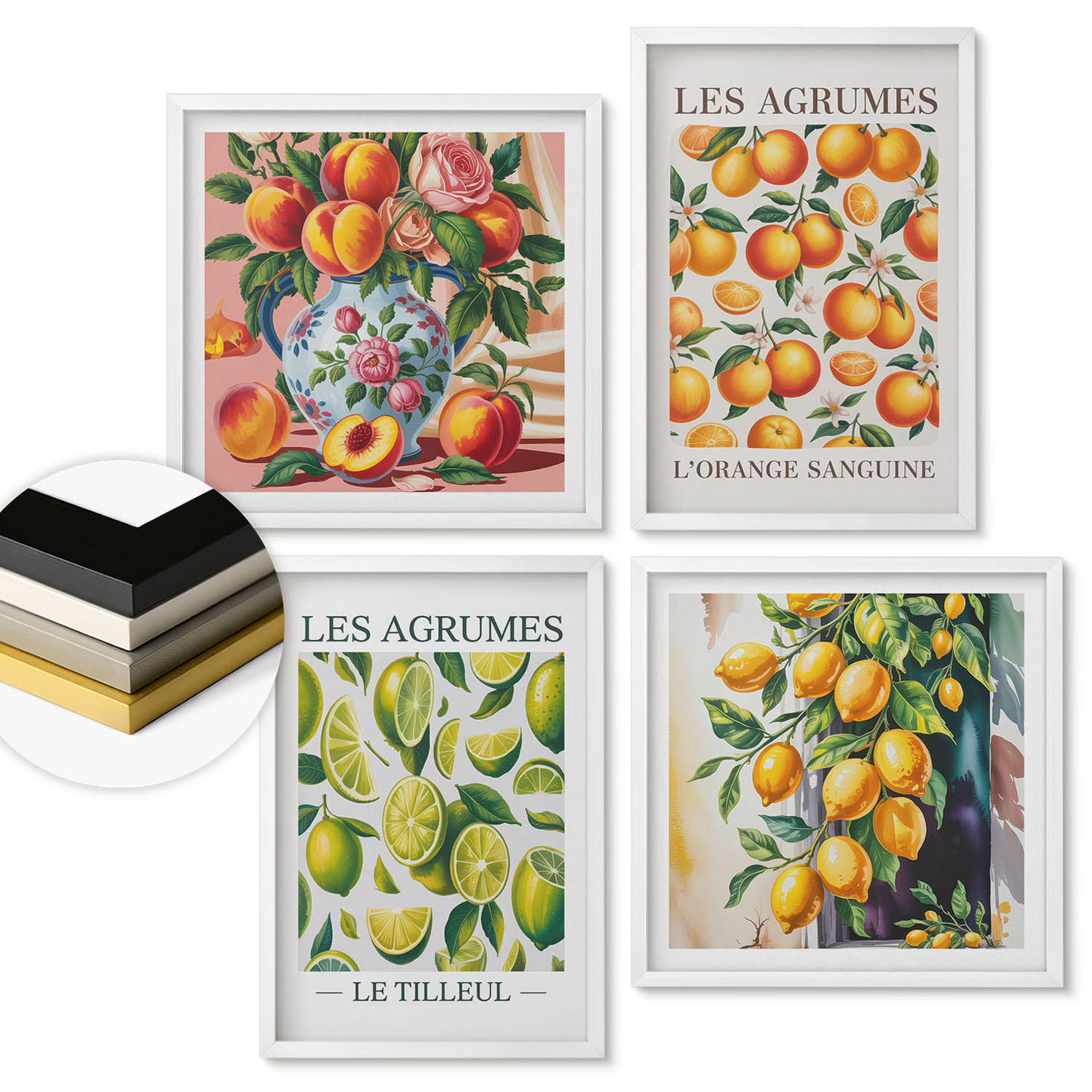 WANDBILDER 4er-Set - 50x50 cm & 40x60 cm Weißer Rahmen - Frische, farbenfrohe Zitrusfrüchte - Weiß, Kunststoff (50/50cm) - ArtPrintCave