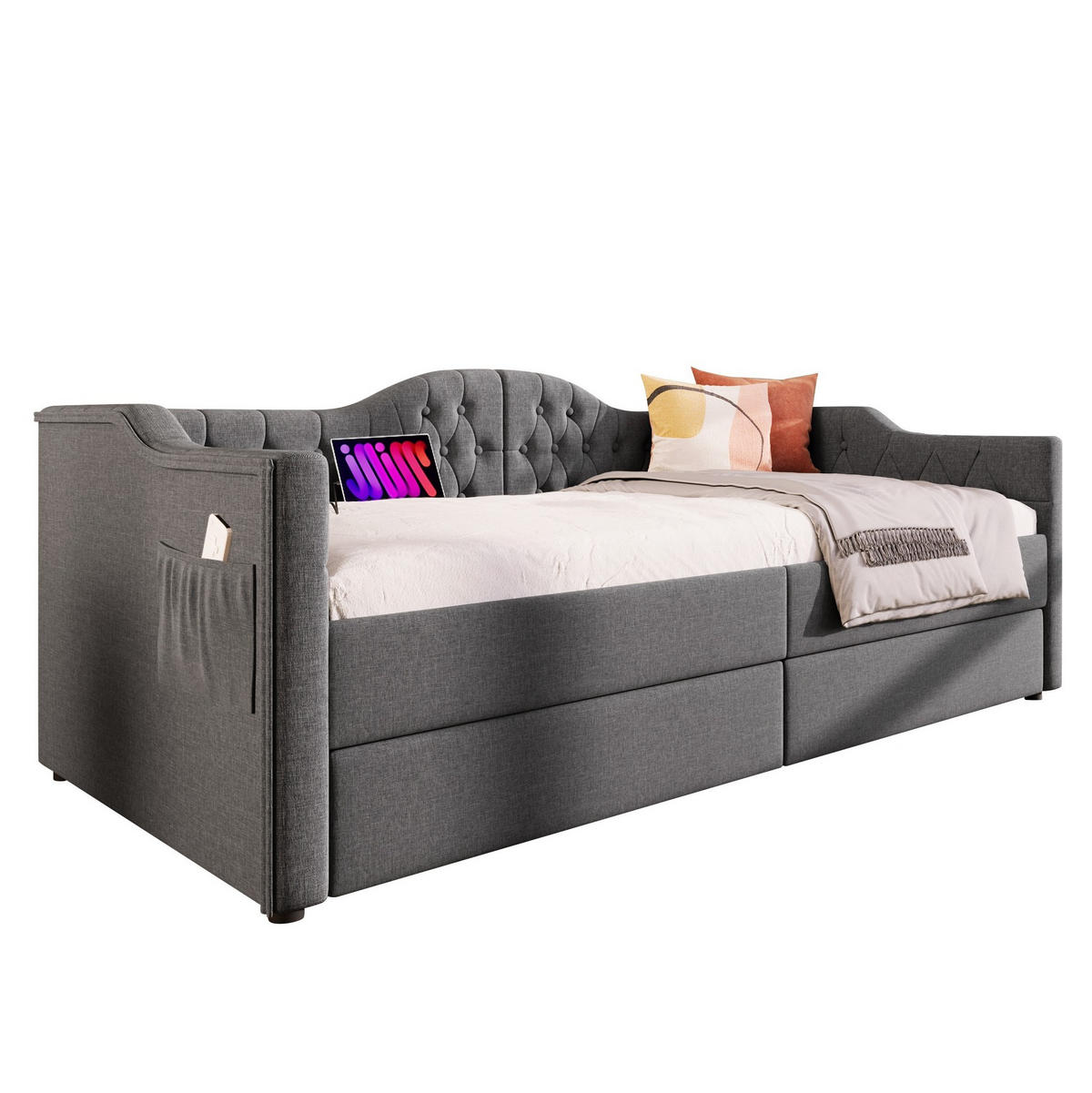 POLSTERBETT 90/200 cm Grau mit 2 Schubladen und USB- und Type-C-Anschlüssen - Grau, Textil (90/200cm) - Flora Grace