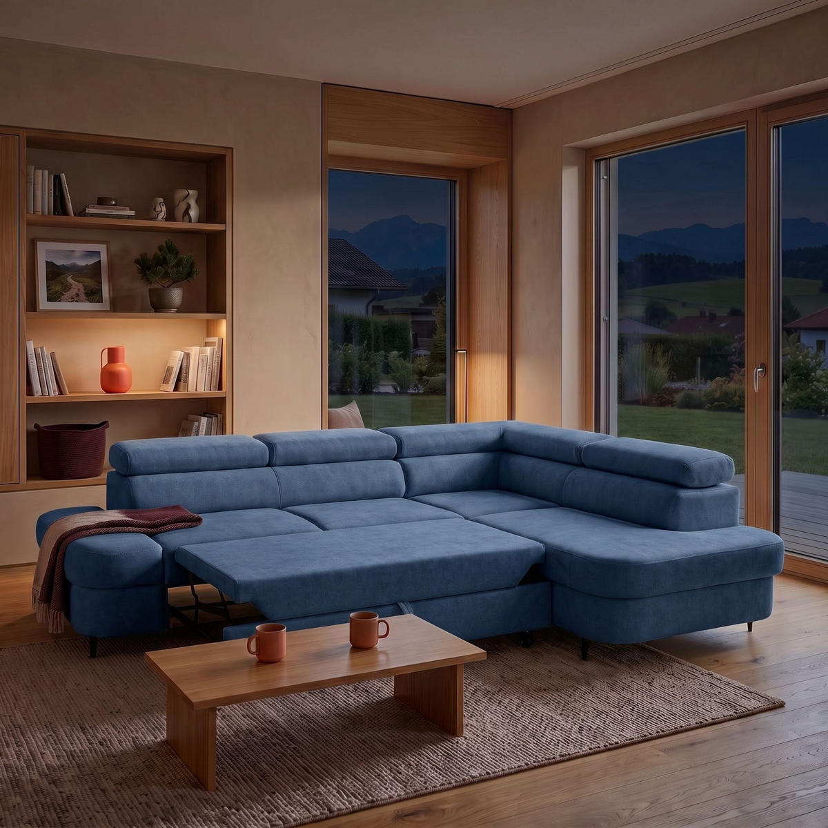 ECKSOFA PRIAM L Rechts mit Schlaffunktion 125x195 Velours Blau - Blau/Schwarz, Holz/Textil (203/275cm) - Muffo