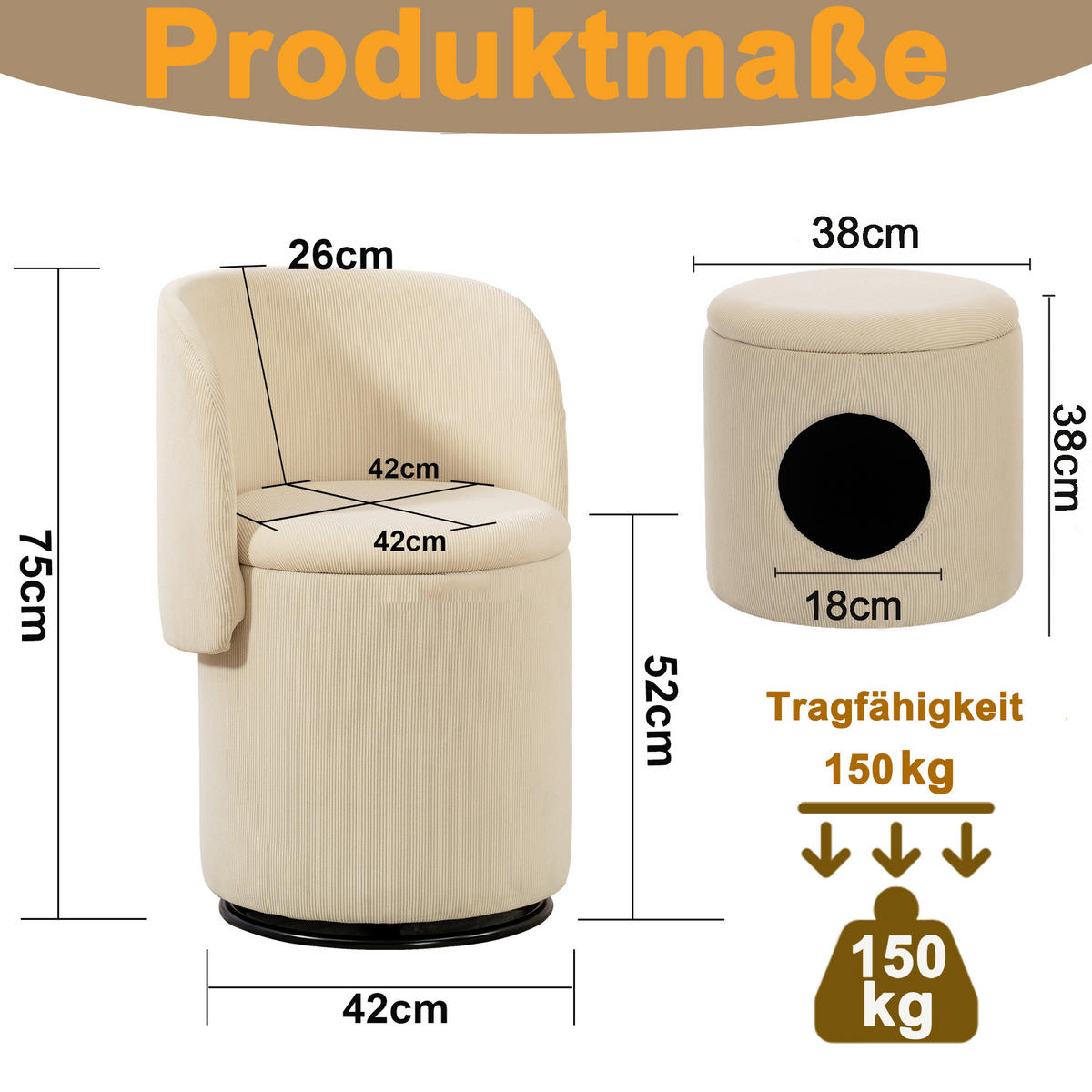 SESSEL Cord Beige drehbar und mit Stauraum - Beige, Holzwerkstoff/Textil (48/75/52cm) - WISHDOR