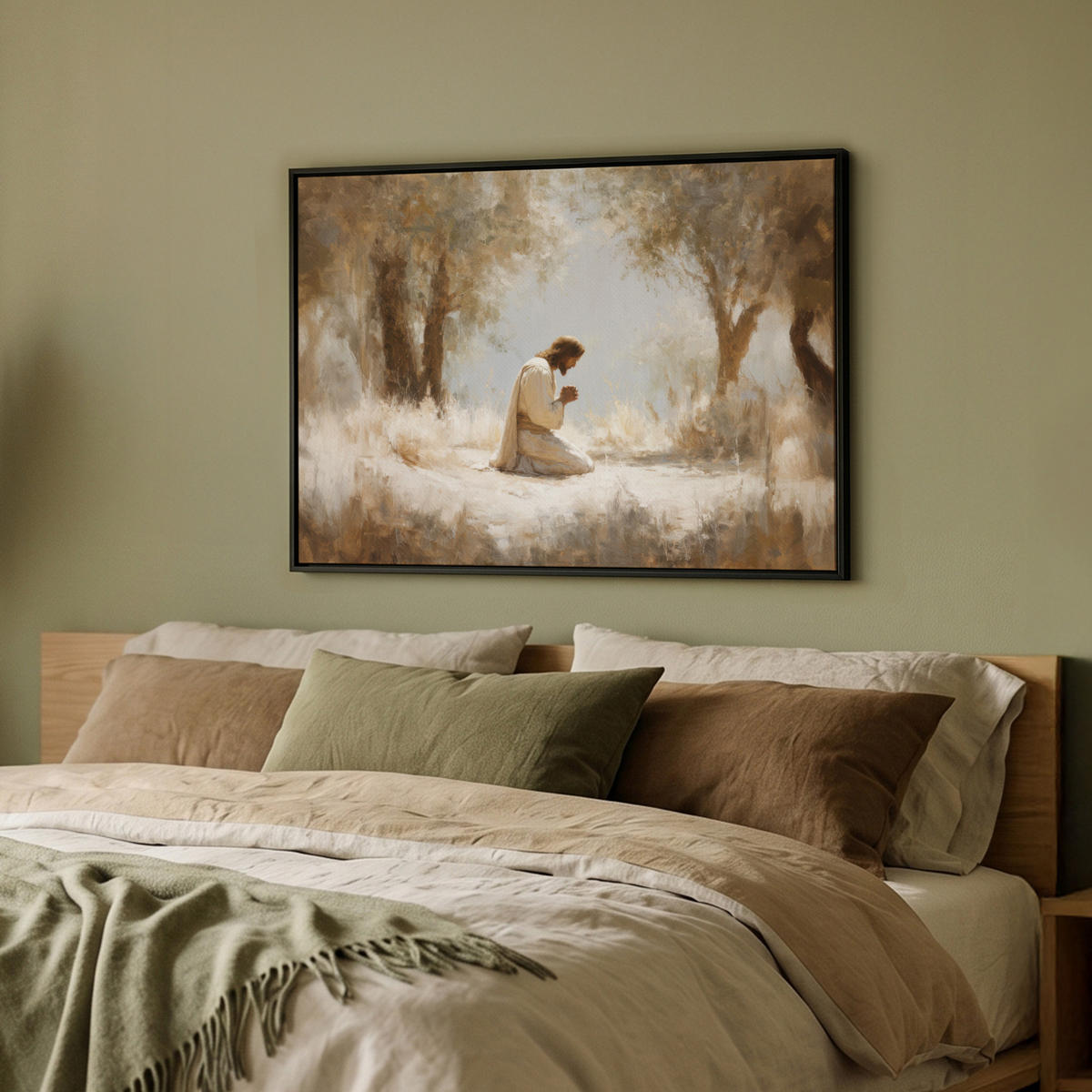 LEINWAND Bilder mit Rahmen - Jesus - Kniend - Waldlandschaft - Betend - 80x60 - Beige, Textil (80/60cm) - MuchoWow